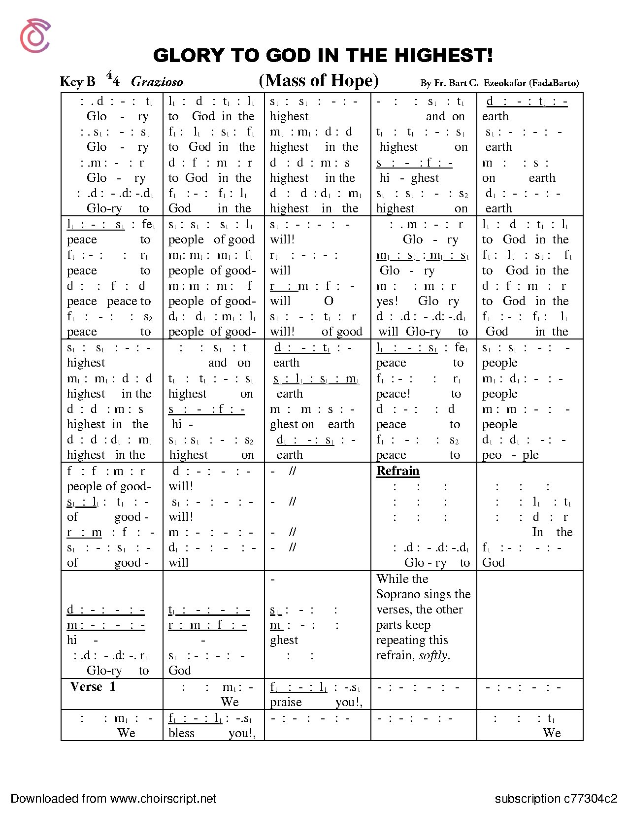 Glory To God In The Highest - Fr Barth - Download Choir Script PDF