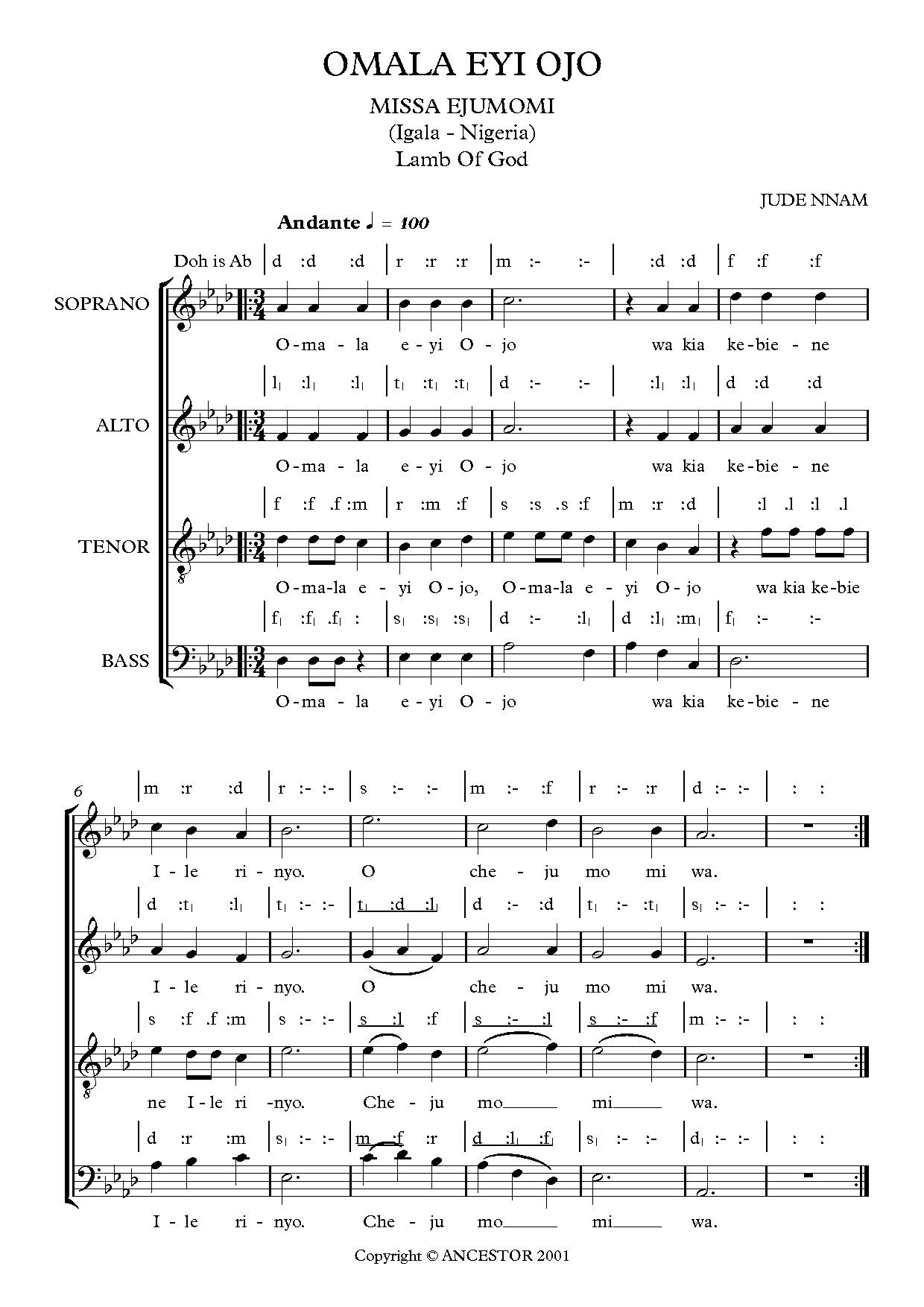Missa Ejumomi - Igala - Lamb Of God - Download Choir Script PDF