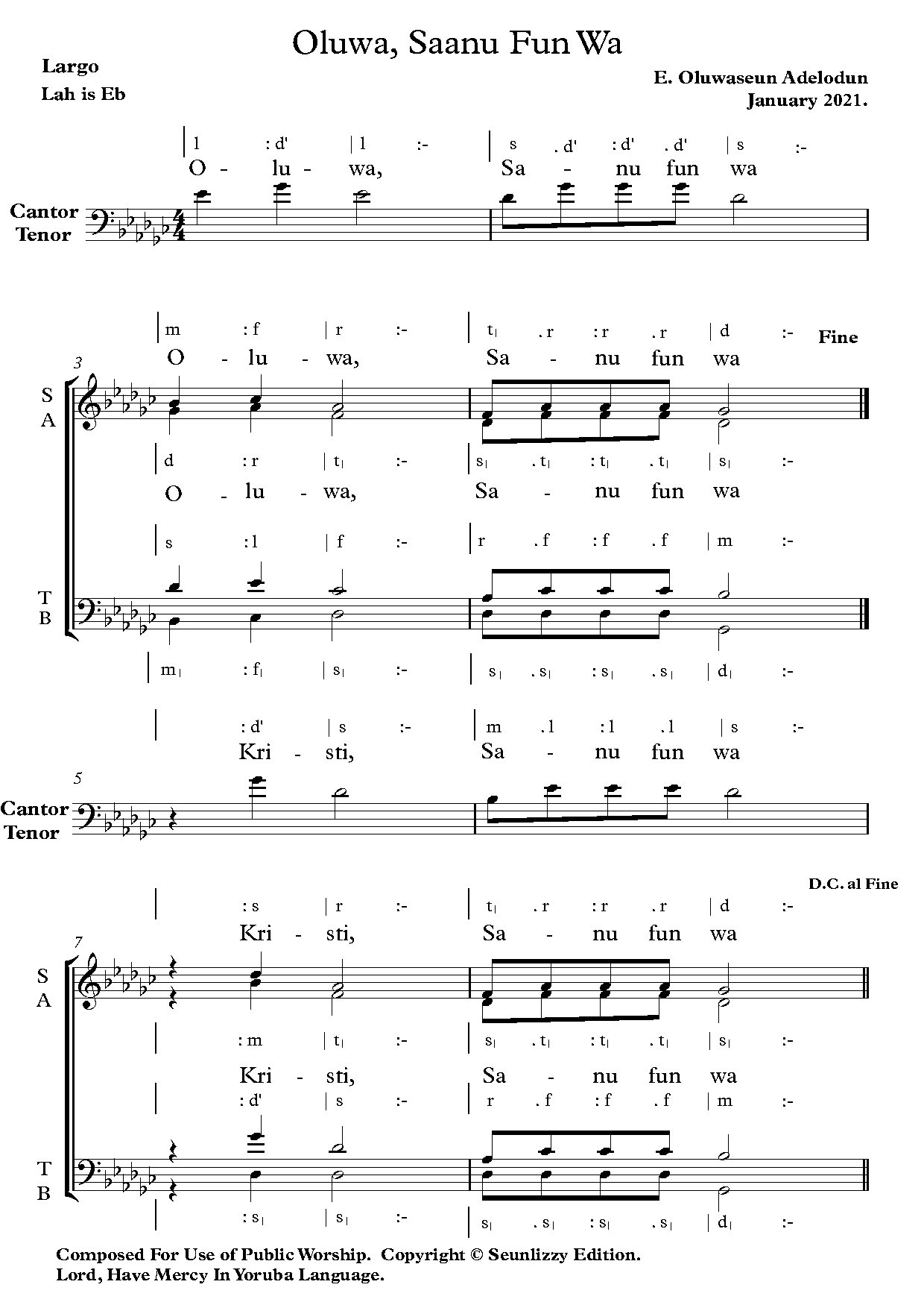 Oluwa Saanu Fun Wa (yoruba) E Flat Minor - Full Score - Download Choir Script PDF