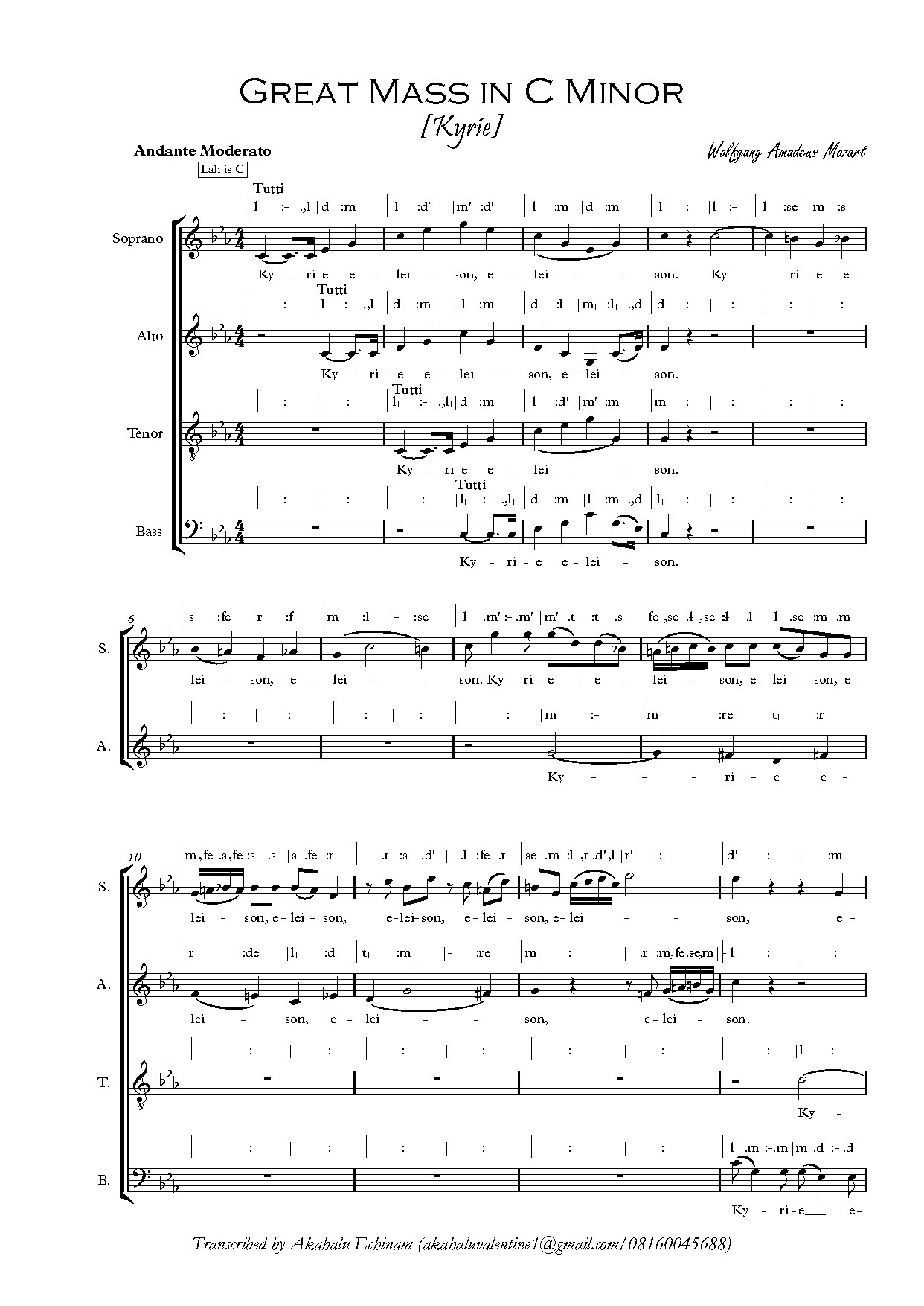 Kyrie (the Great Mass In C Minor) - Download Choir Script PDF