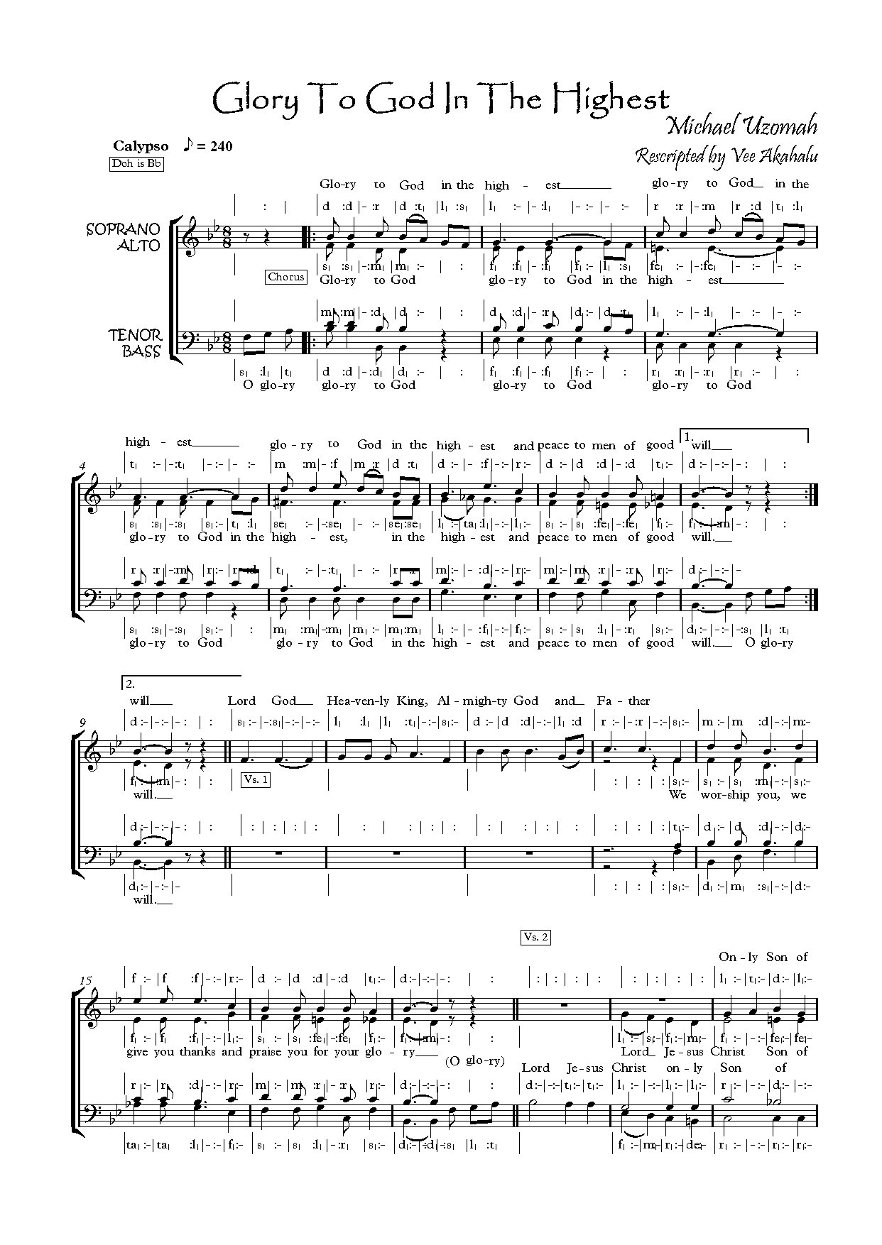 Glory To God In The Highest - M. Uzomah - Download Choir Script PDF