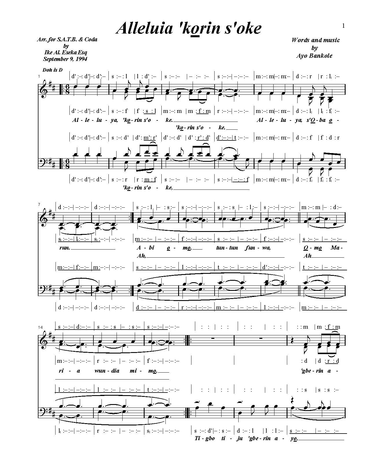 Alleluia Korin Soke - Download Choir Script PDF