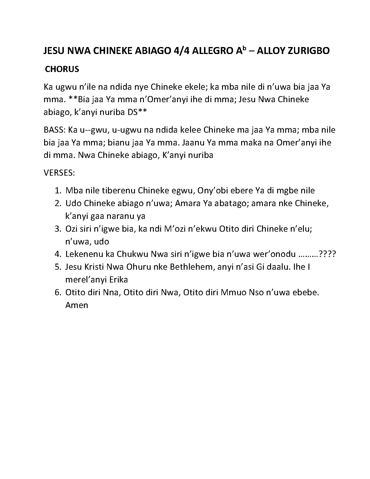 Jesu Nwa Chineke Abiago - Download Choir Script PDF