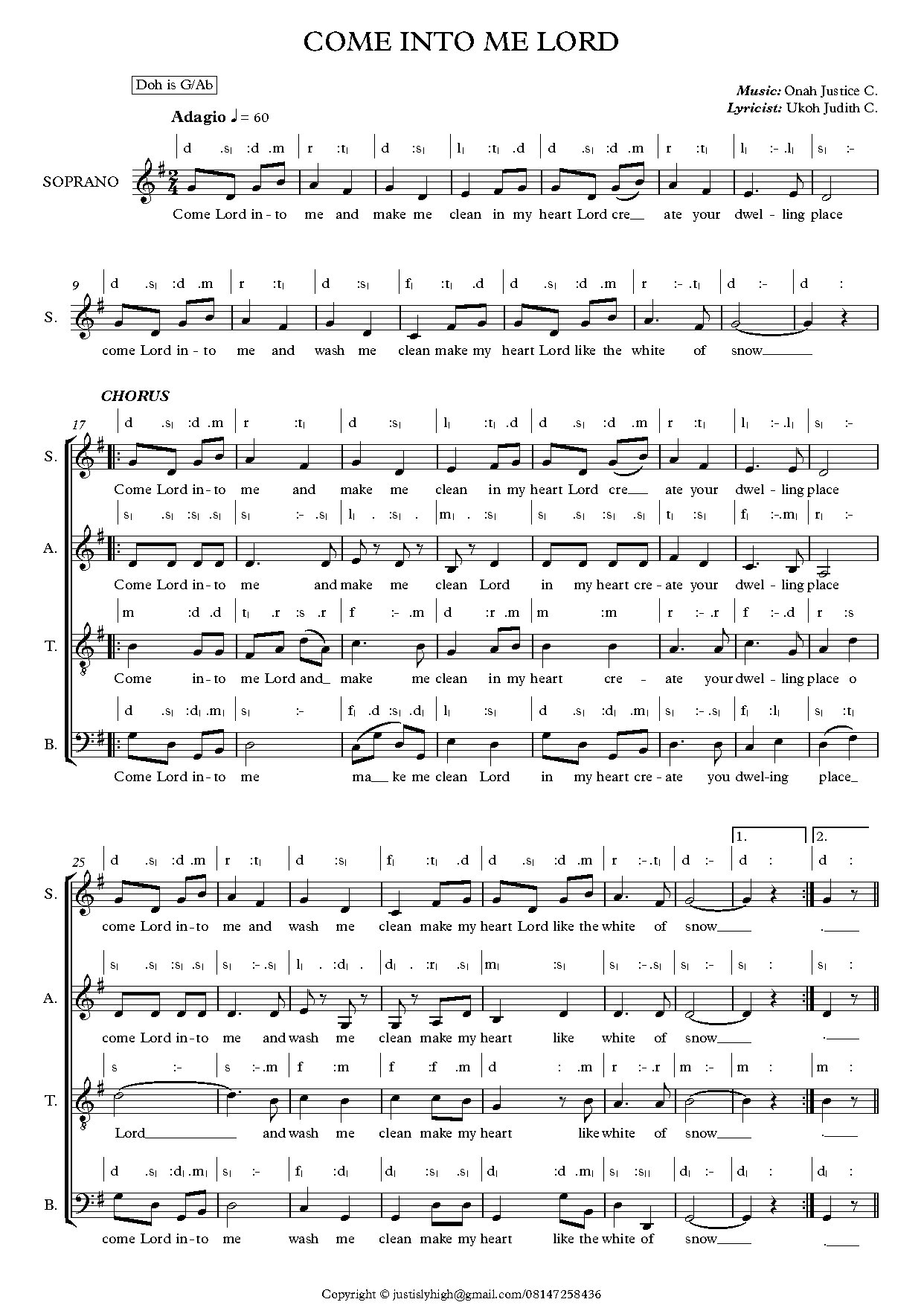 Come Into Me Lord - Full Score - Download Choir Script PDF