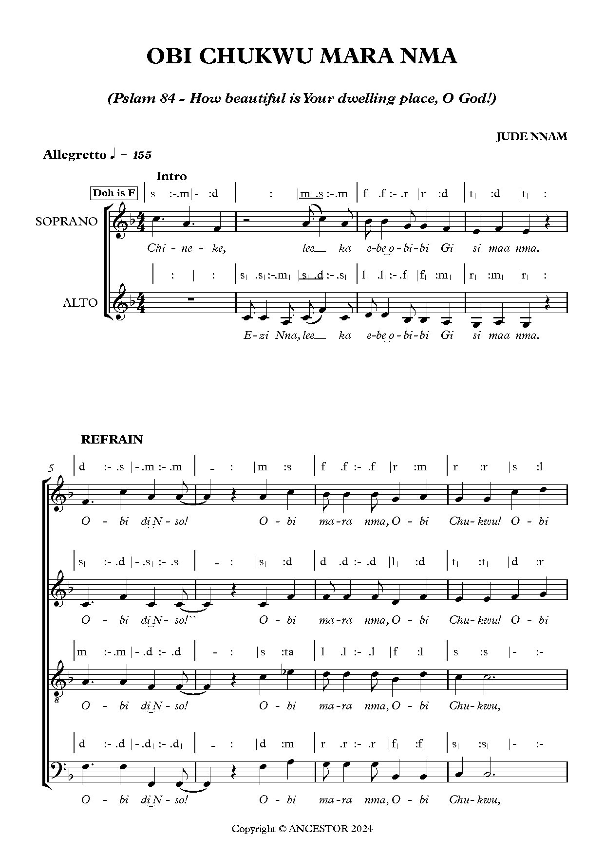 Obi Chukwu Mara Nma (entrance) - Download Choir Script PDF