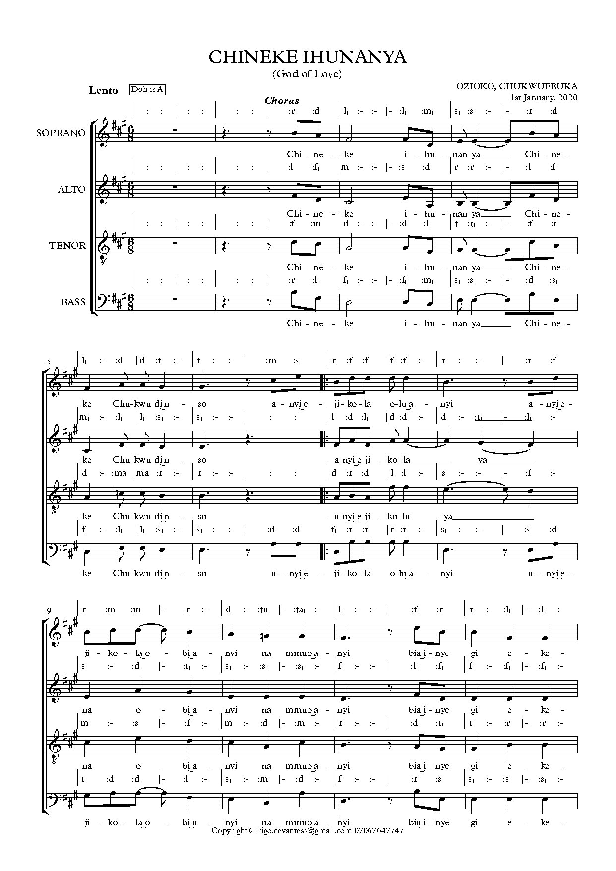 Chineke Ihunanya - Full Score - Download Choir Script PDF