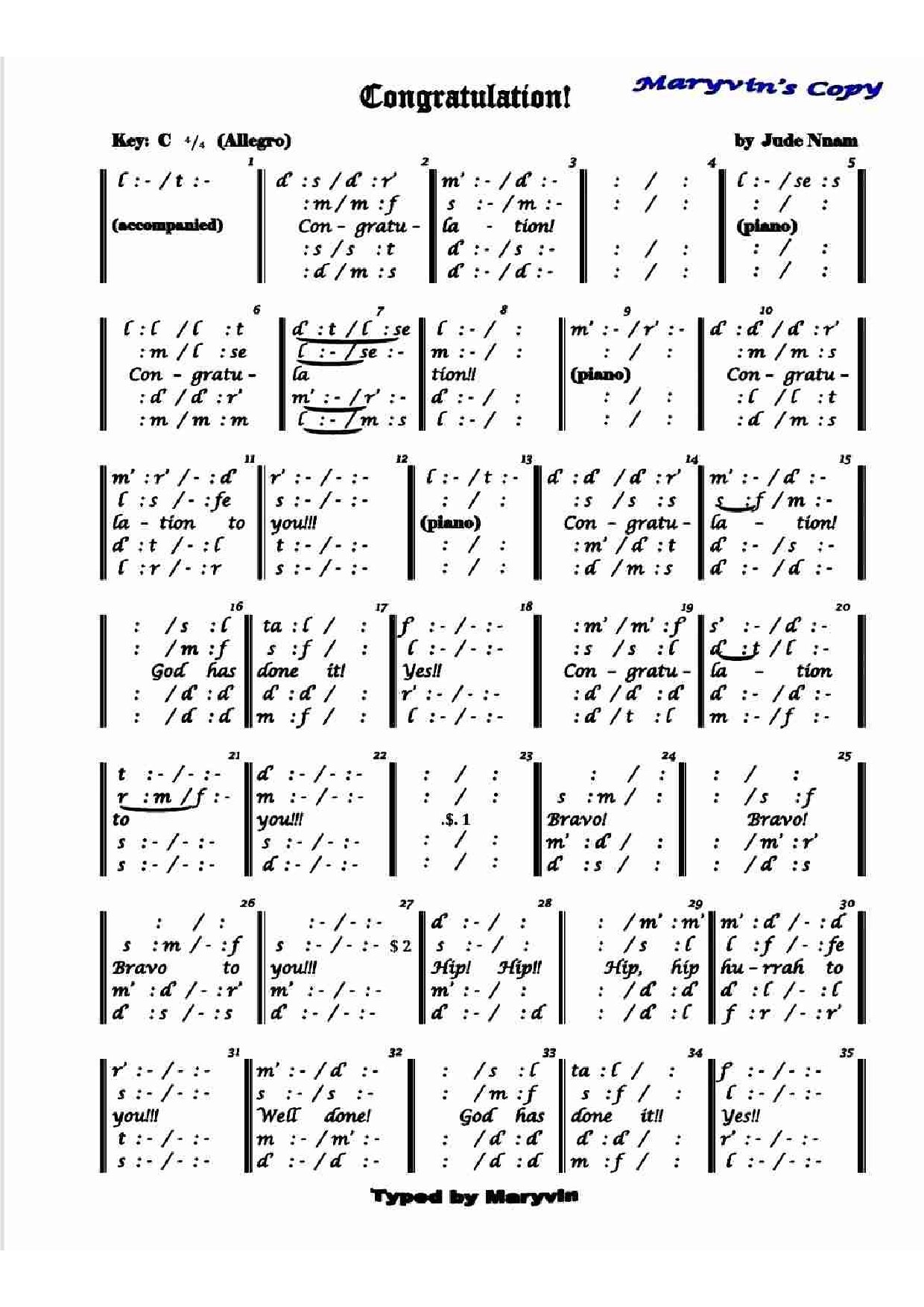 Congratulations - Jude Nnam - Download Choir Script PDF