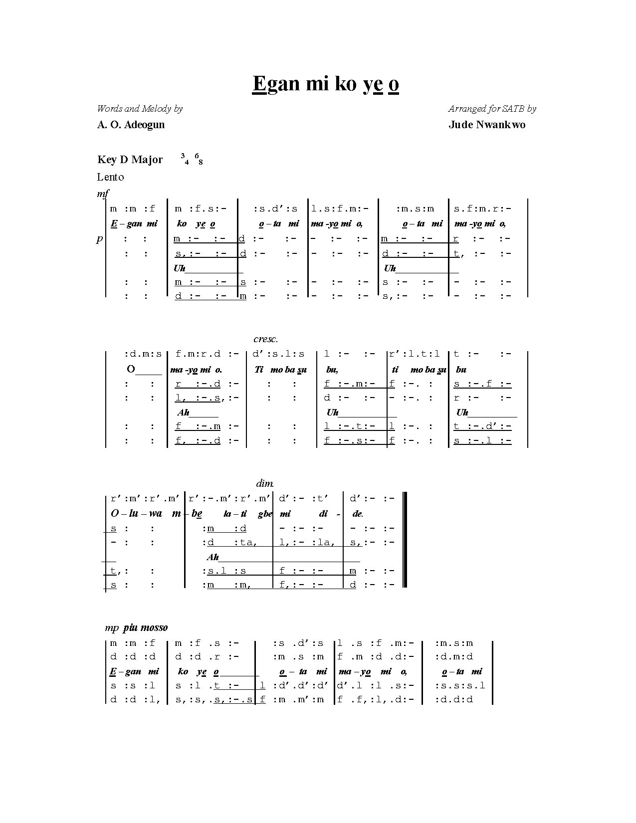 Egan Mi Koye O Jude Nwankwo - Download Choir Script PDF