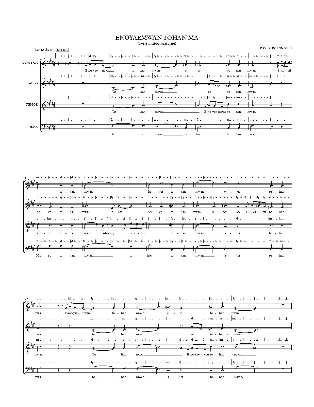 Enoyaemwan Tohan Ma.vocal Score - Full Score - Download Choir Script PDF