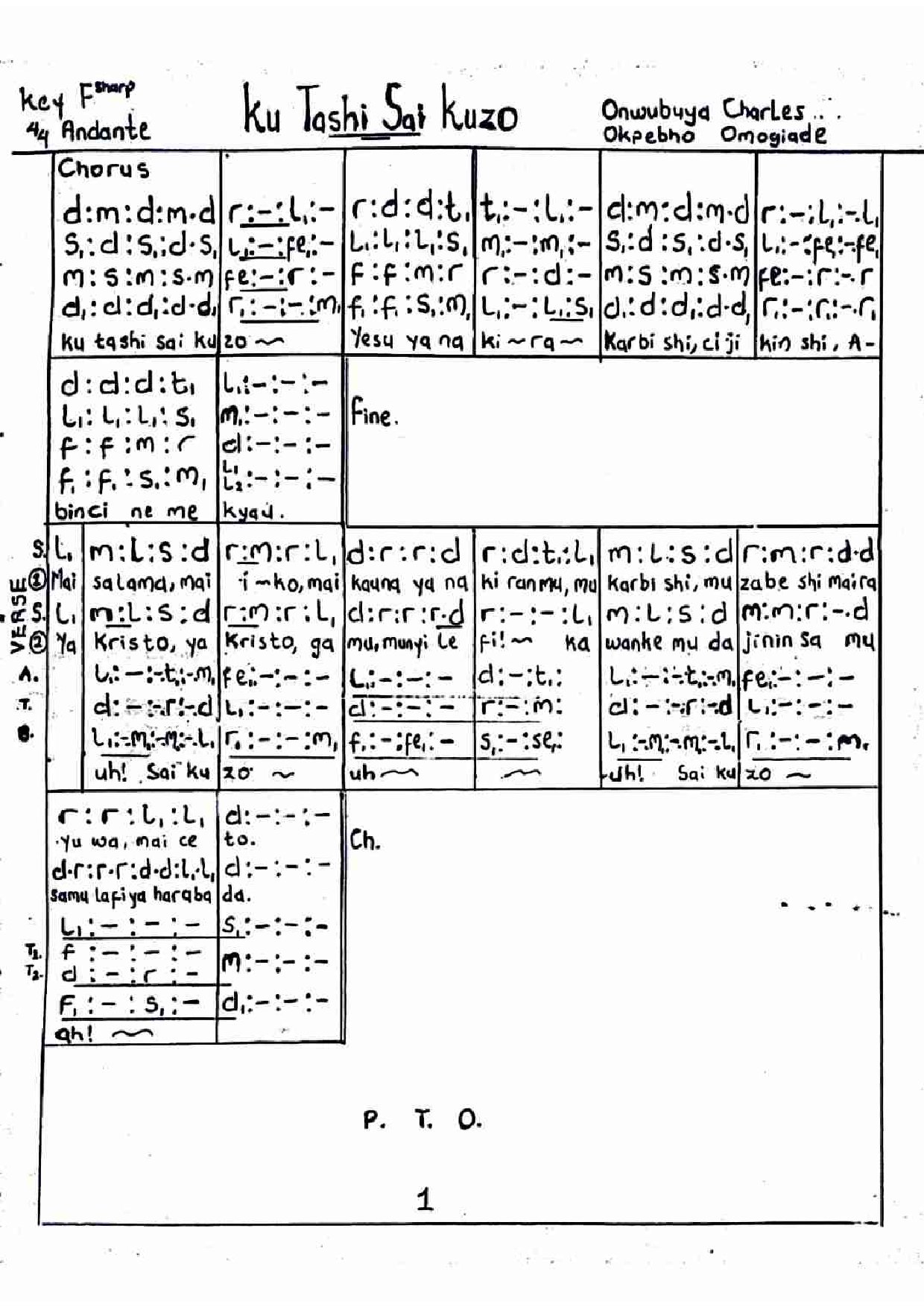 Ku Tashi Sai Ku Zo - Download Choir Script PDF