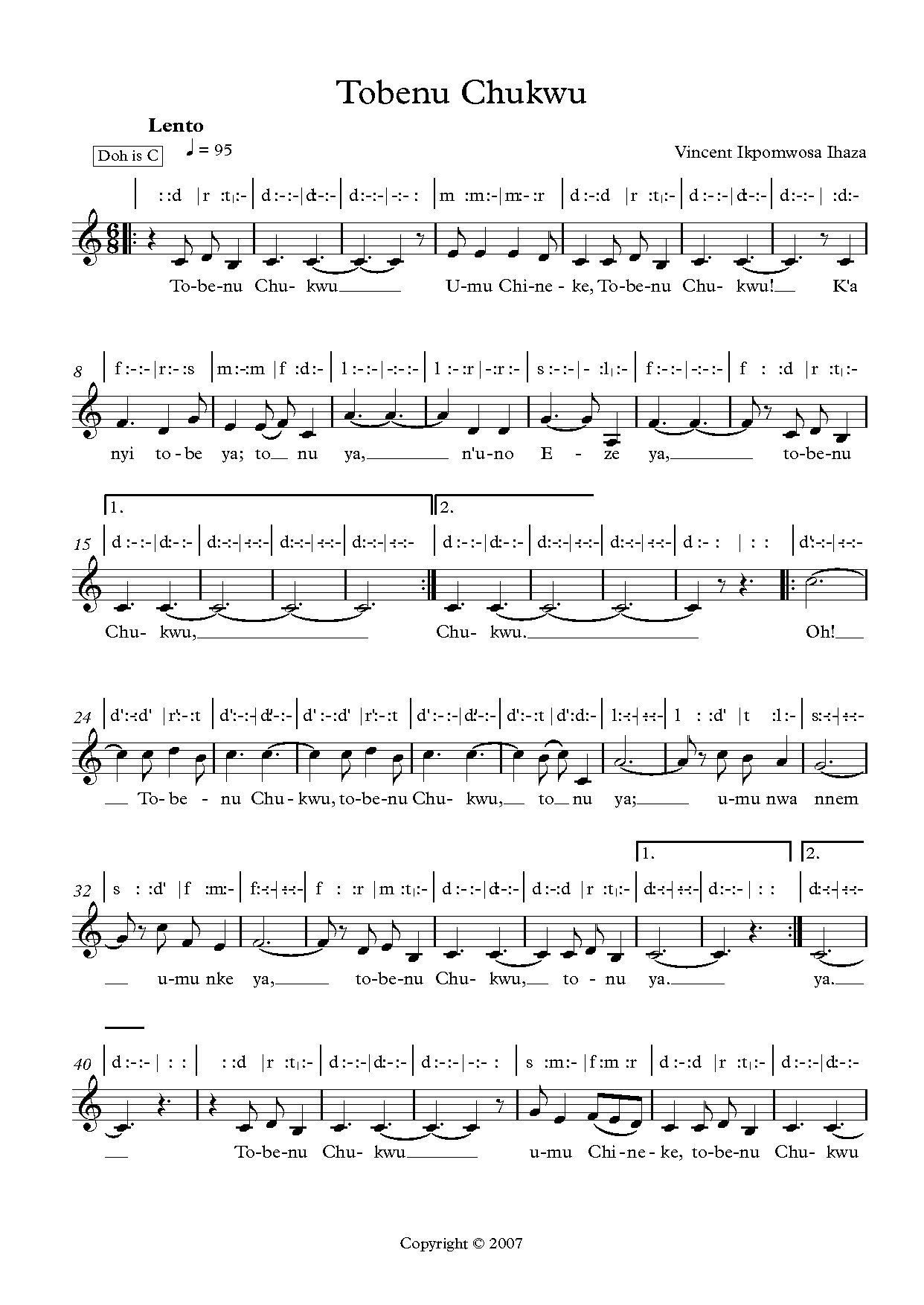 Tobenu Chukwu(solfa.) By Ihaza - Download Choir Script PDF