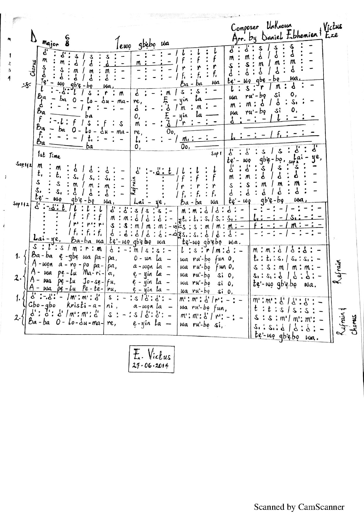 Tewo Gbebo Wa - Download Choir Script PDF