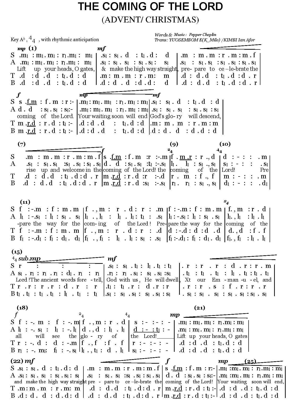 The Coming Of The Lord (tonic Solfa) - Download Choir Script PDF