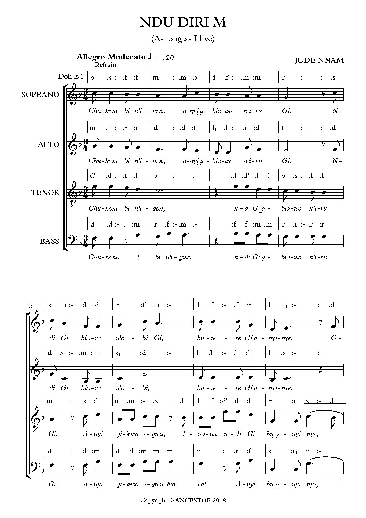 Ndu Diri M (offertory) ~ Jude Nnam - Download Choir Script PDF