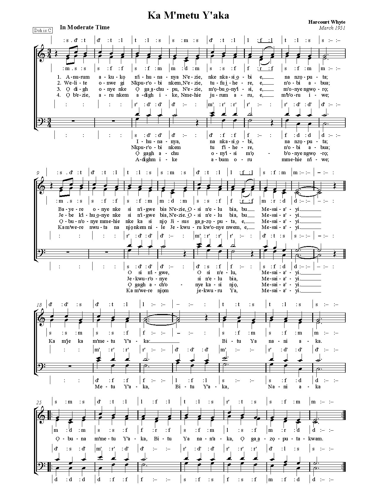 Ma M Metu Y Aka - Harcourt W - Download Choir Script PDF