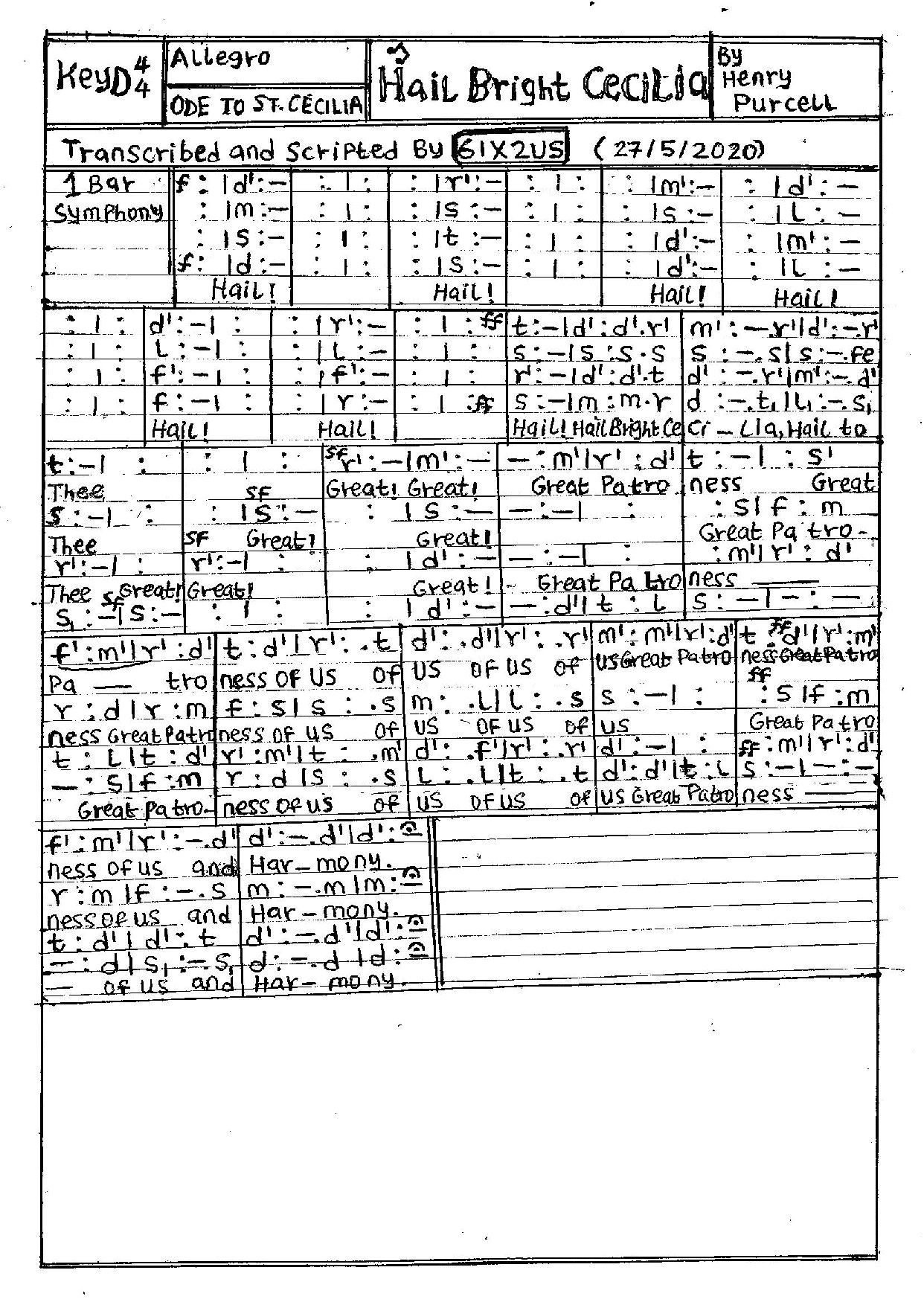 Hail Bright Cecilia Henry Purcell - Download Choir Script PDF