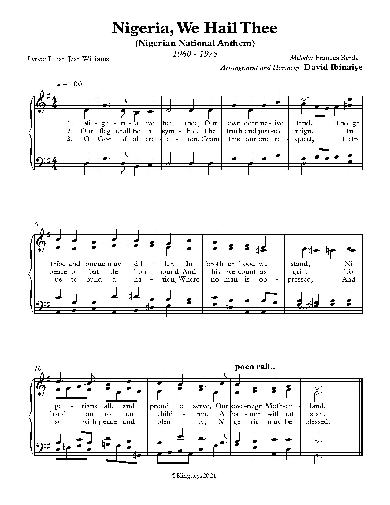 Nigeria, We Hail Thee (nigerian National Anthem) 1960 - 1978 Lyrics - Full Score