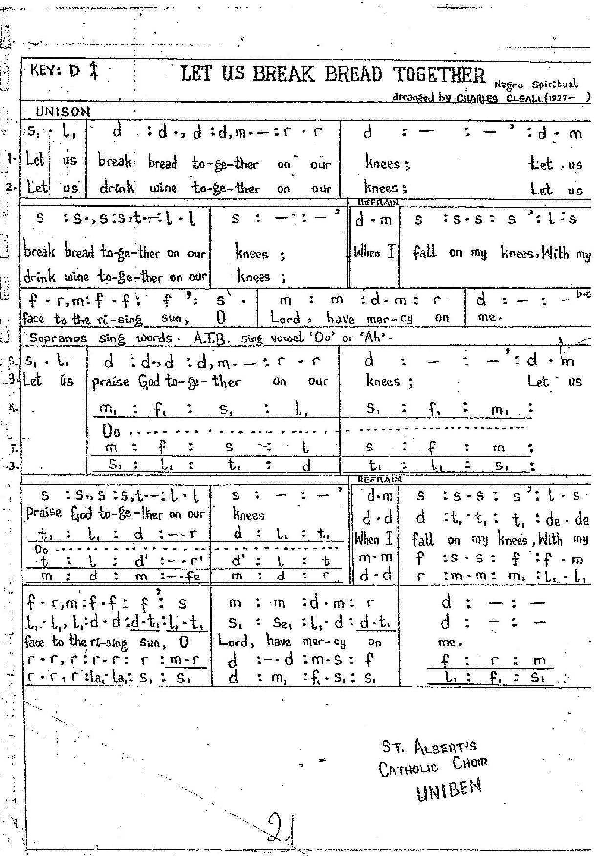 Let Us Break Bread Together - Download Choir Script PDF