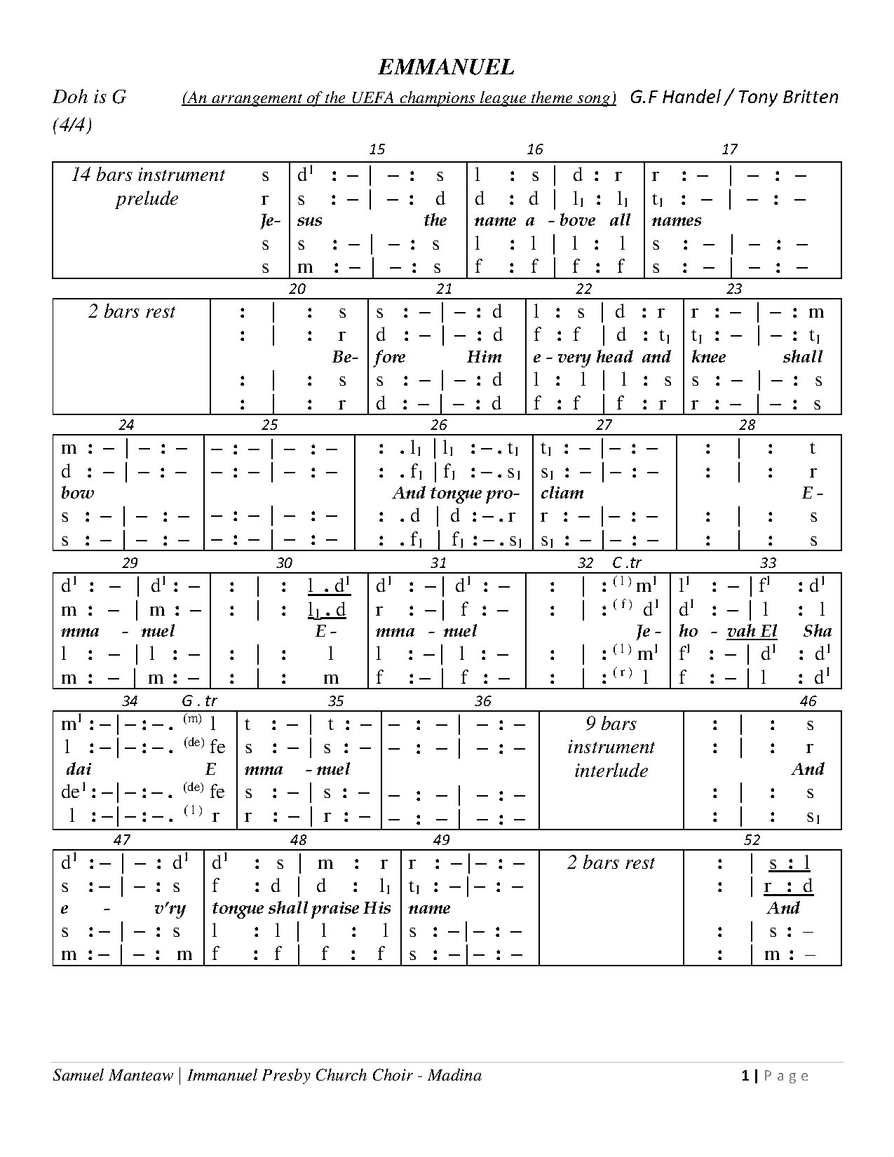 Emmanuel (uefa Champions League Theme) Tonic - Download Choir Script PDF