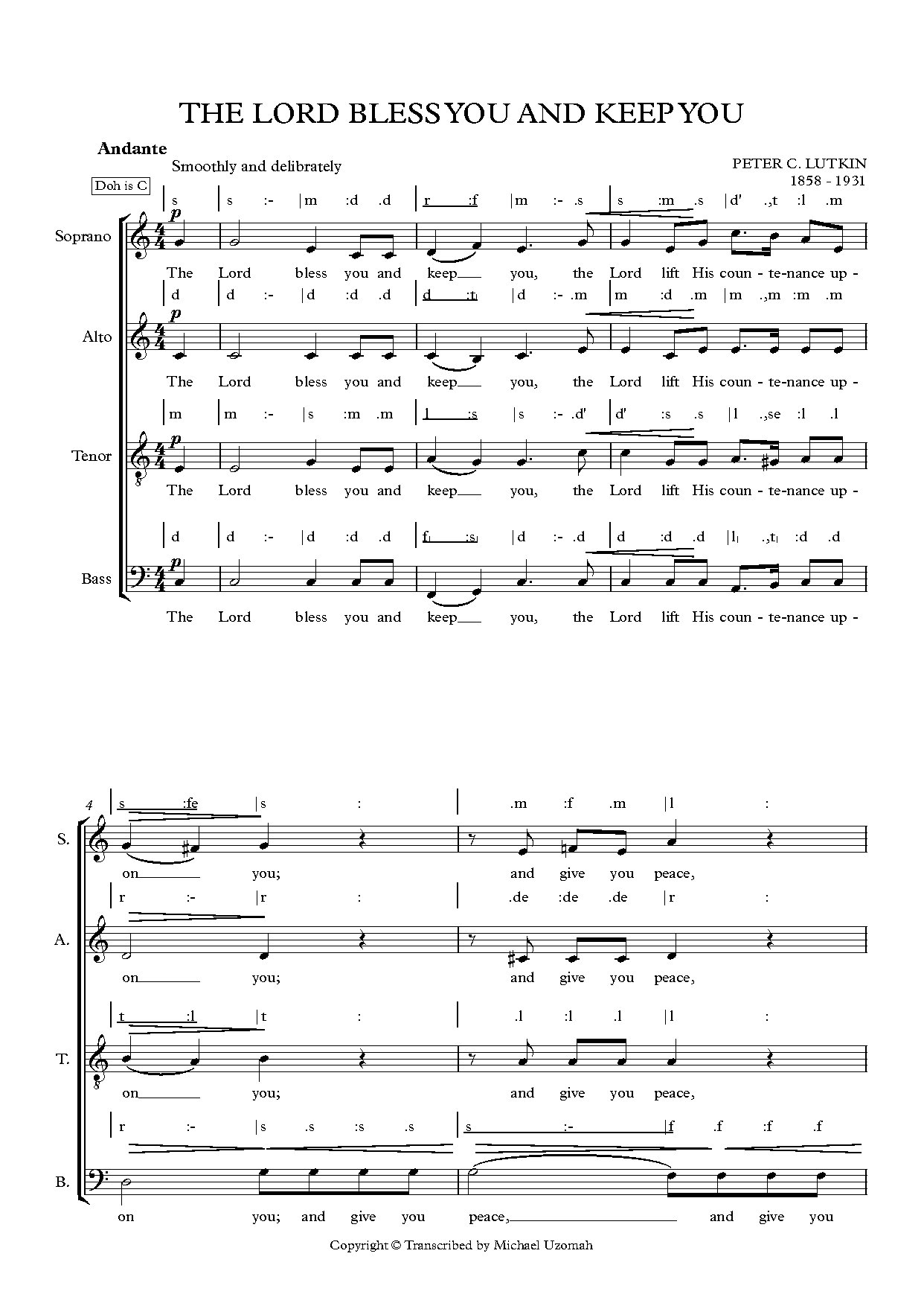The Lord Bless You And Keep You - Full Score - Download Choir Script PDF