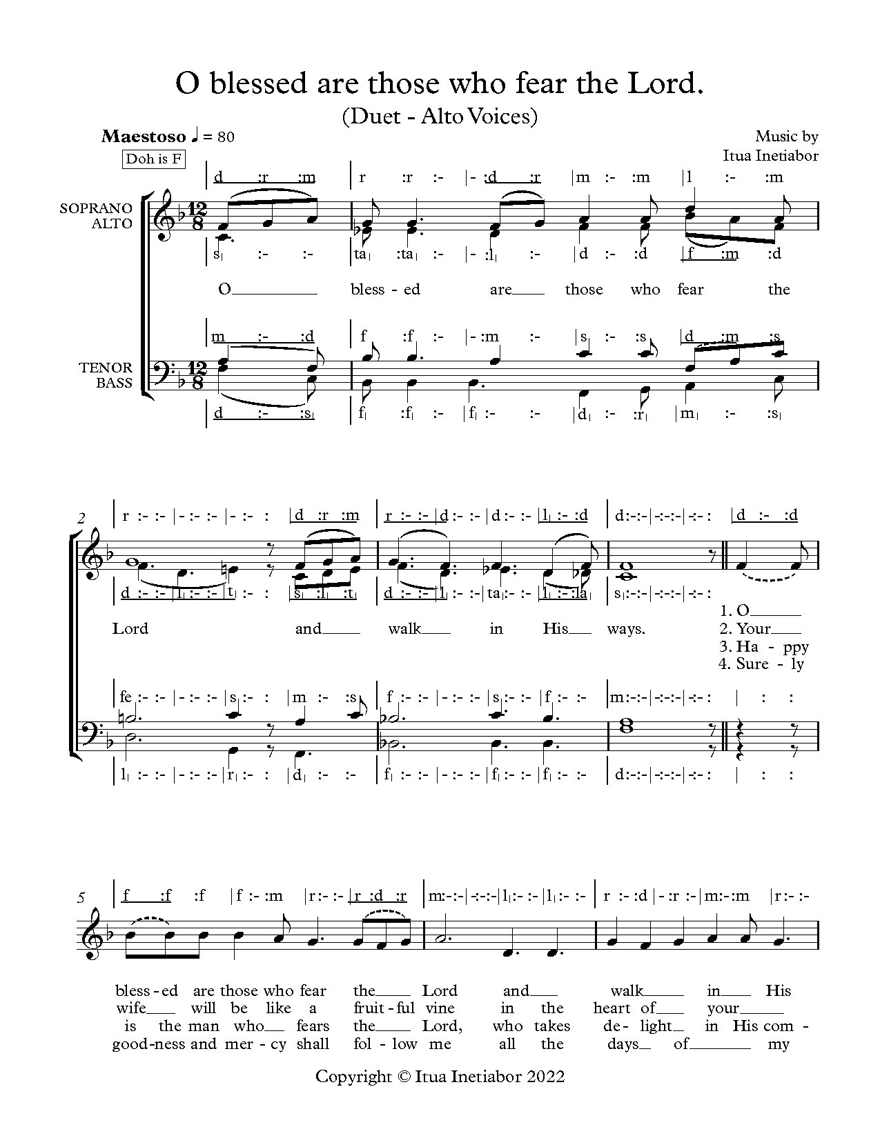 O Blessed Are Those Who Fear The Lord (duet - Alto Voices) - Download Choir Script PDF