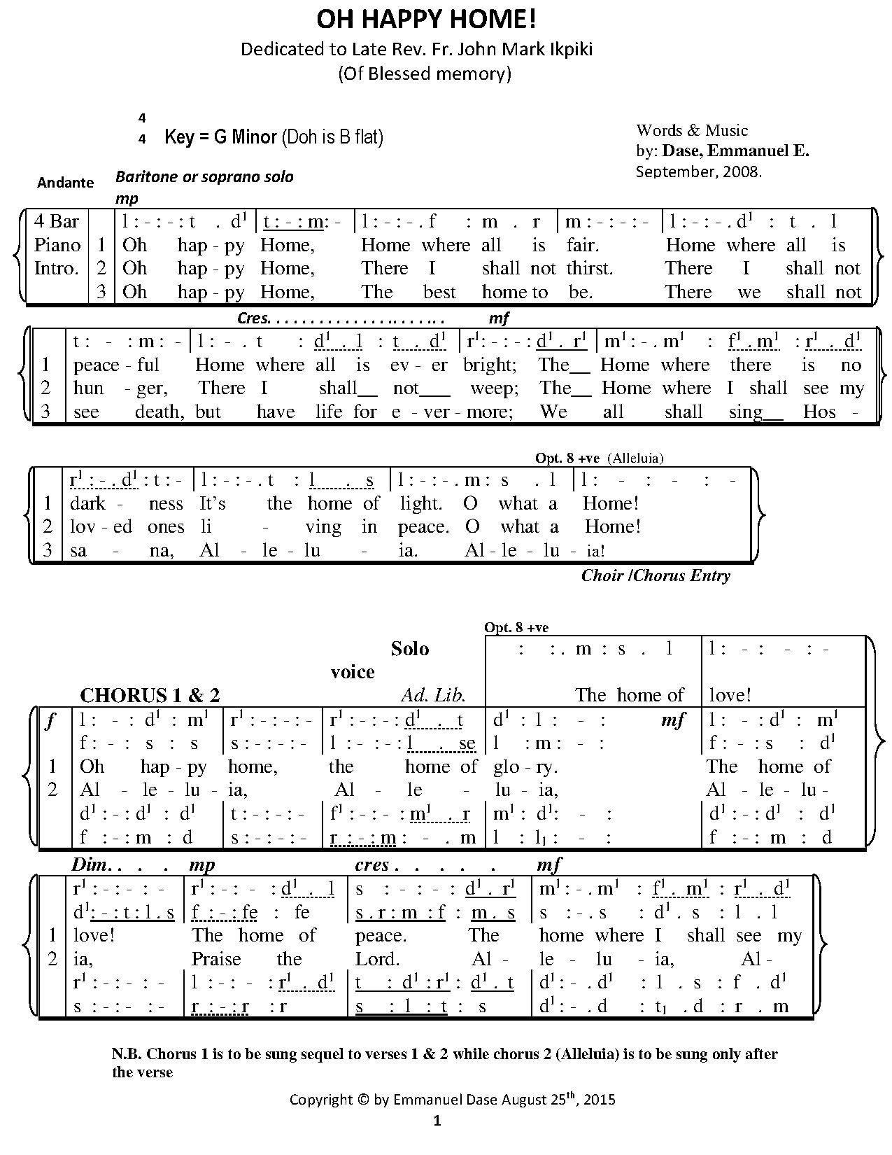 Oh Happy Home Tonics - Download Choir Script PDF