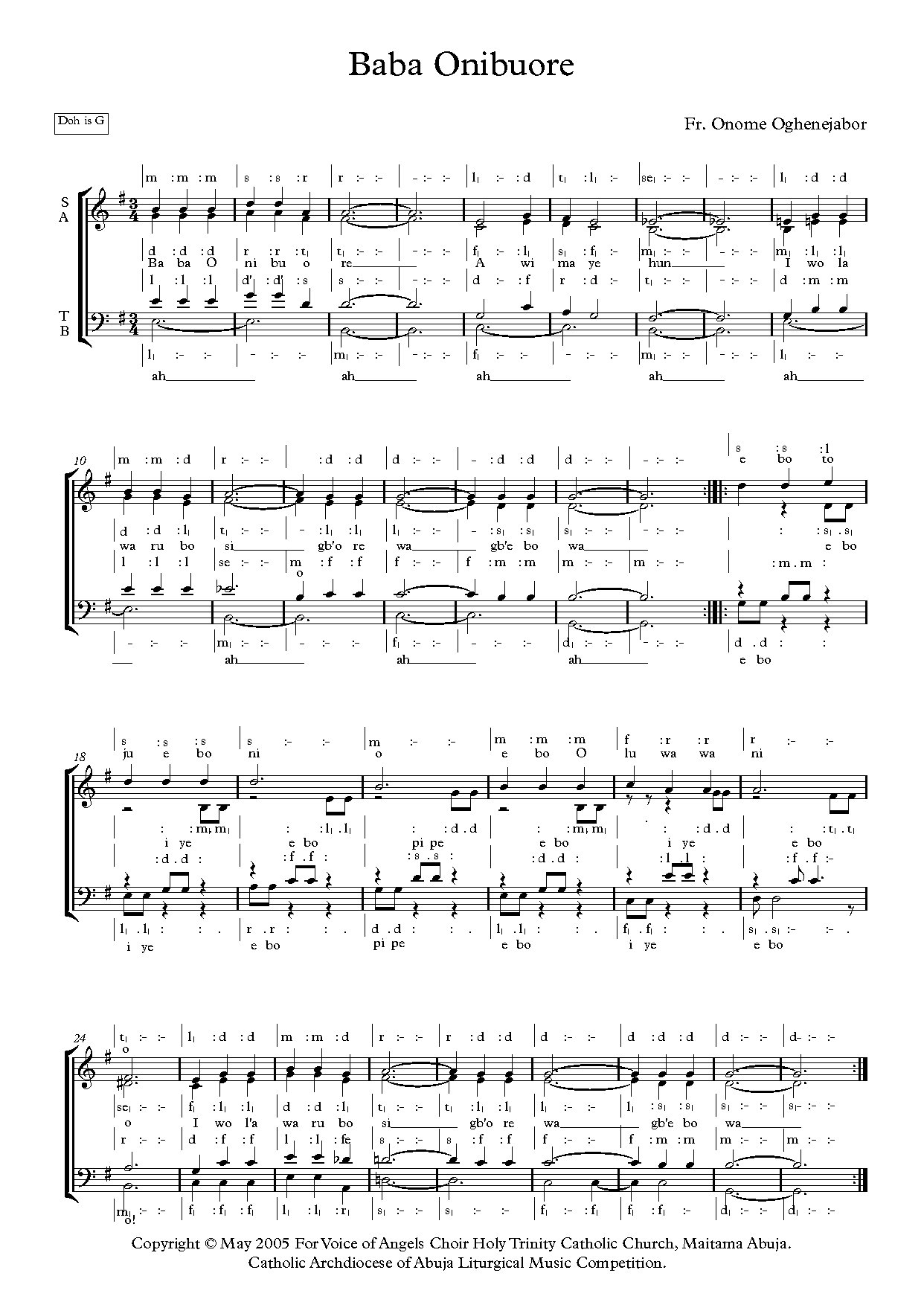 Baba Onibuore - Full Score - Download Choir Script PDF