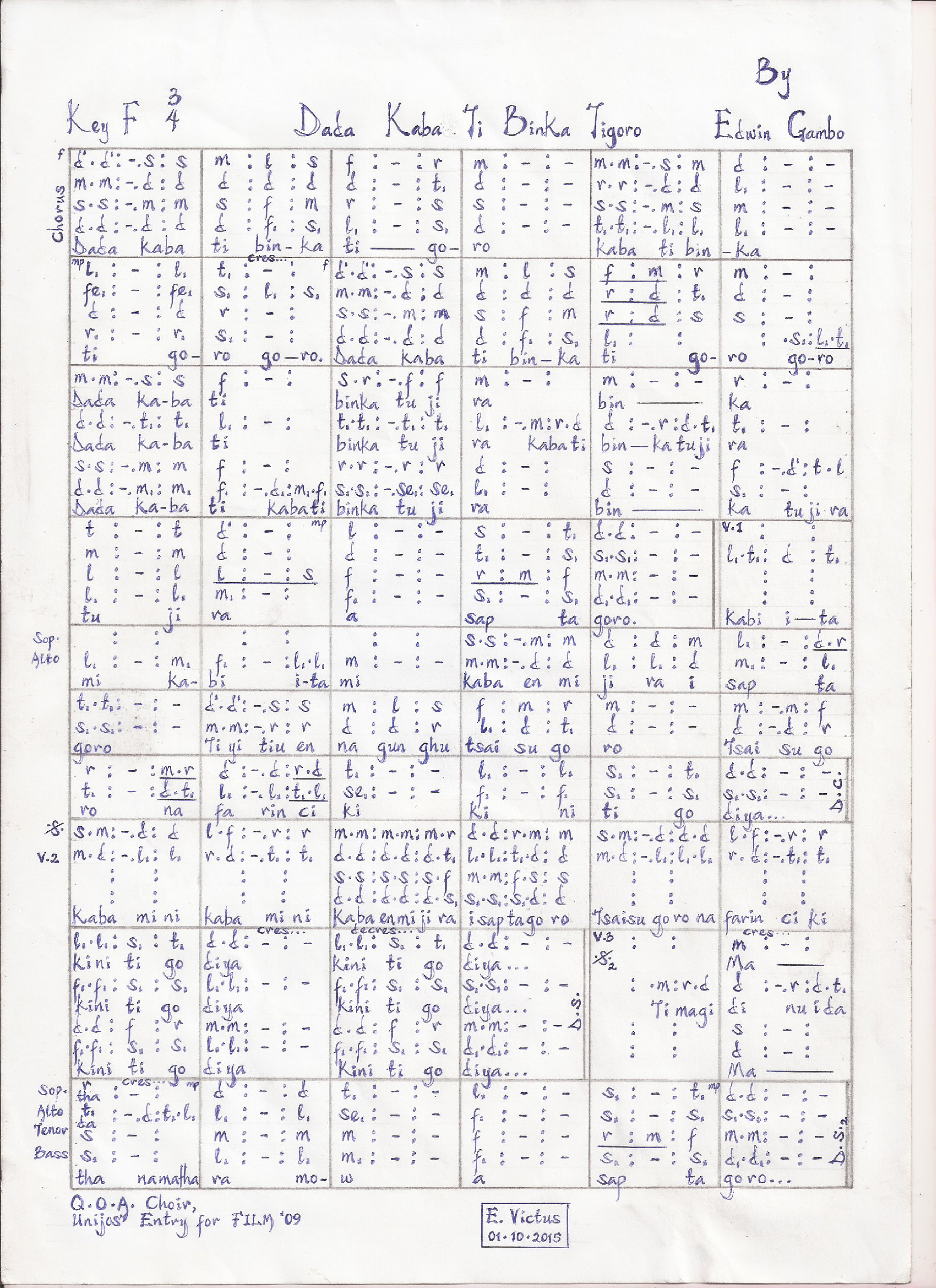Dada Kaba Ti Binka Tigoro - Download Choir Script PDF