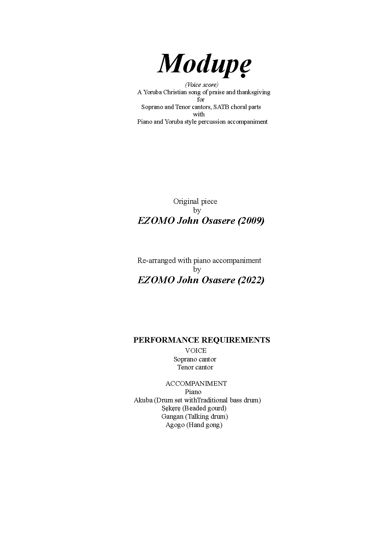 Modupe Choral Score Voice Score - Download Choir Script PDF
