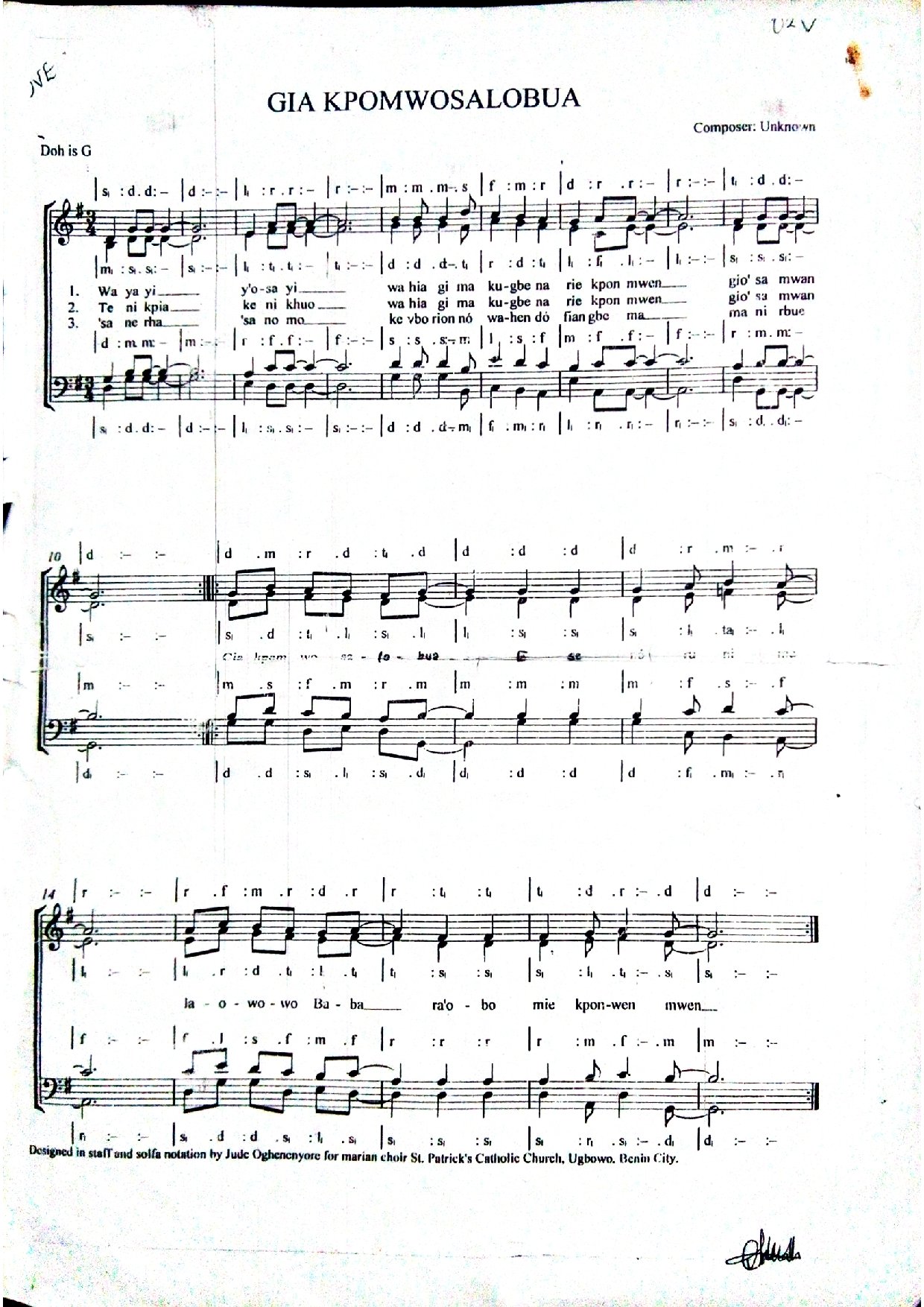 Gia Kpomwosalobua - Download Choir Script PDF