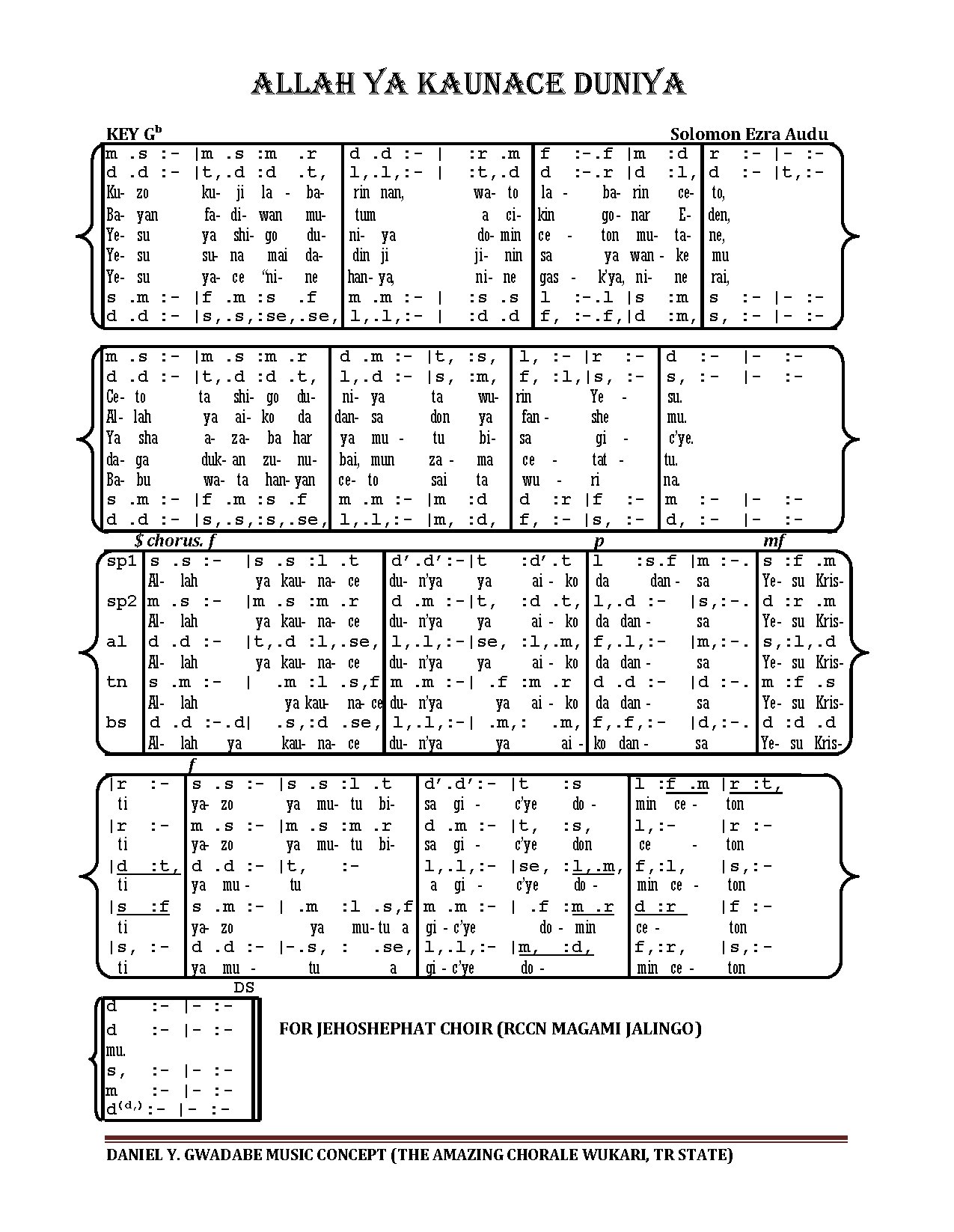 Allah Ya Na Kaunace Duniya - Download Choir Script PDF