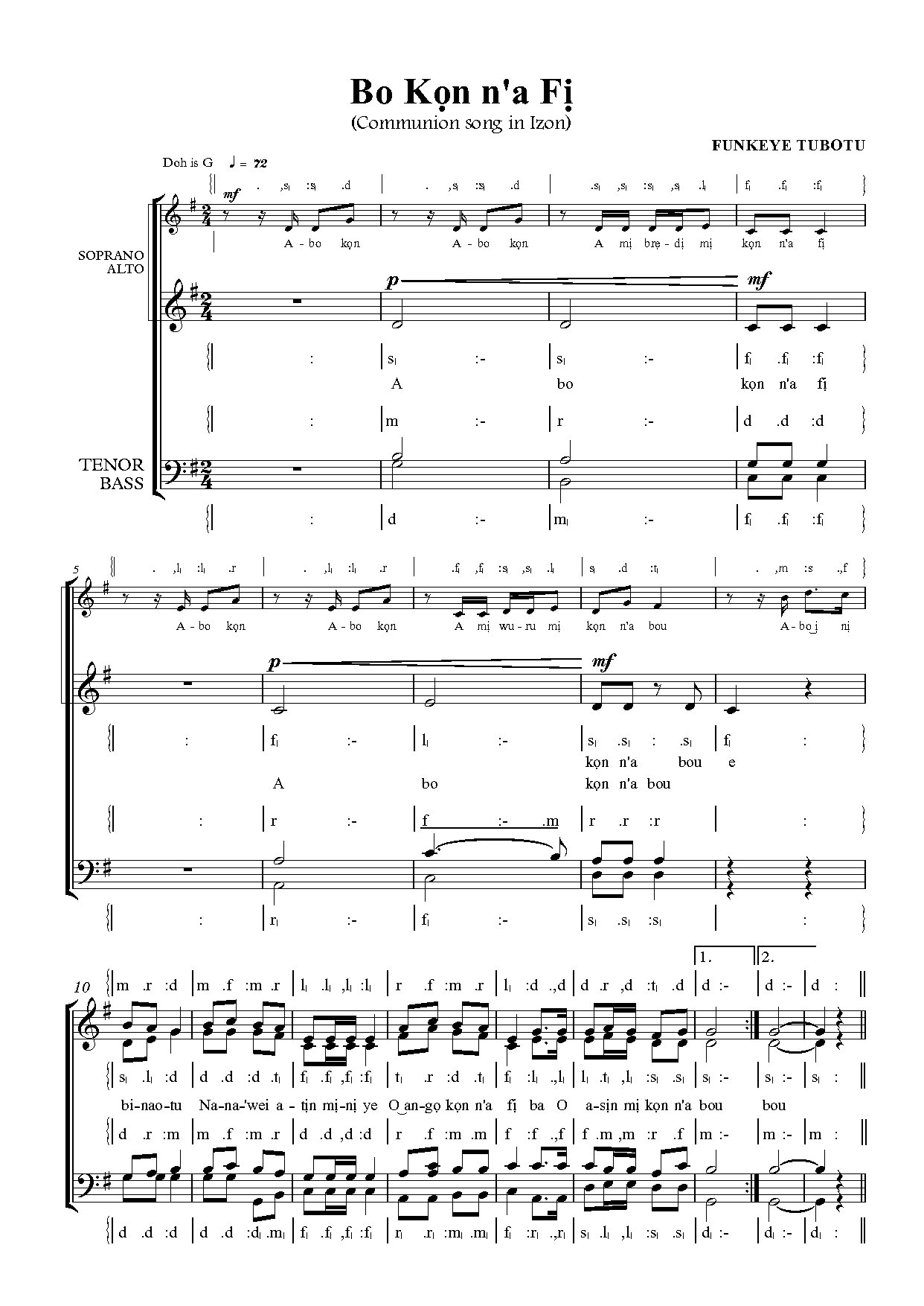 Bo Kọn N A Fị - Full Score - Download Choir Script PDF