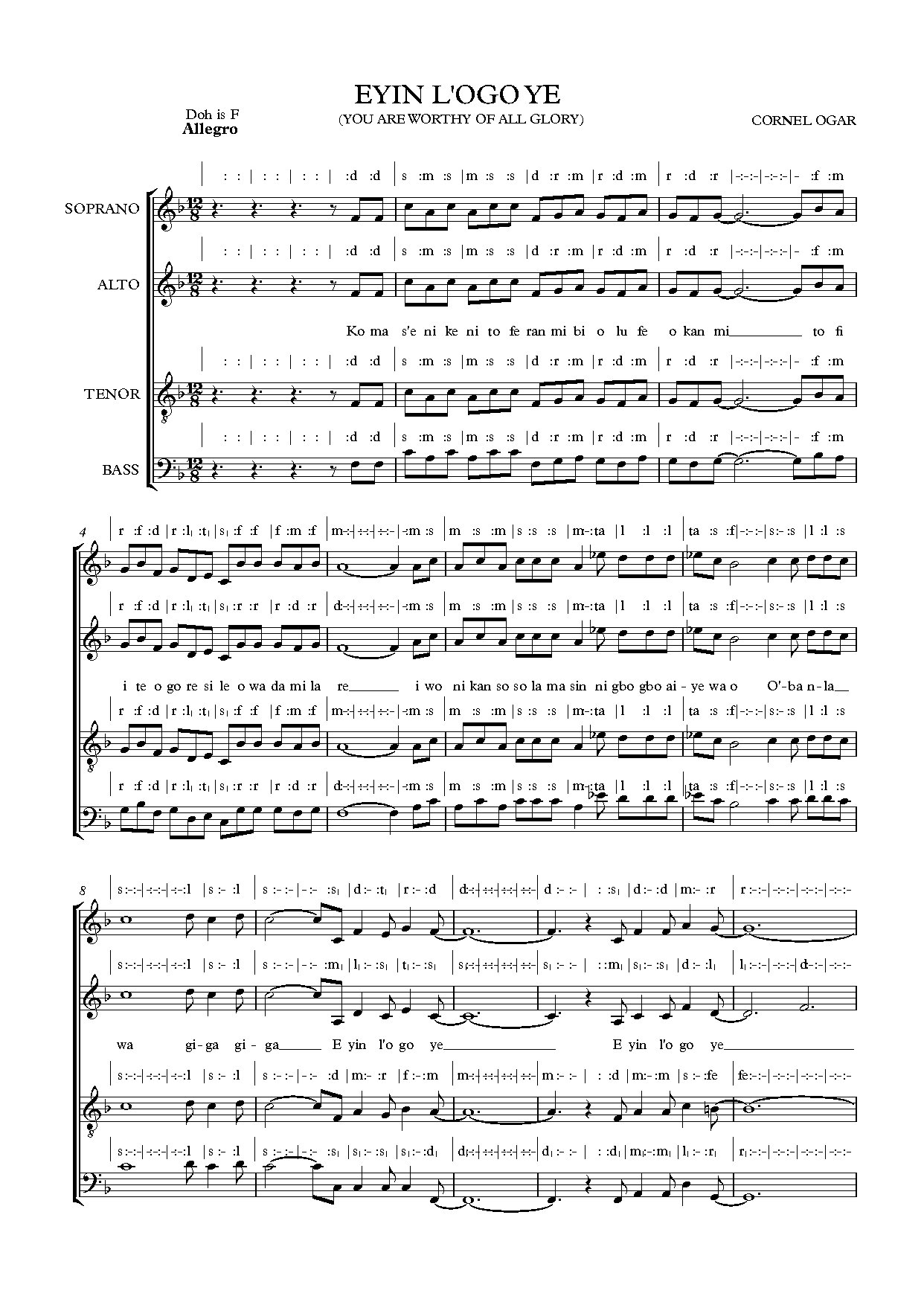 Eyin L Ogo Ye (you Are Worthy Of All Glory) - Full Score - Download Choir Script PDF