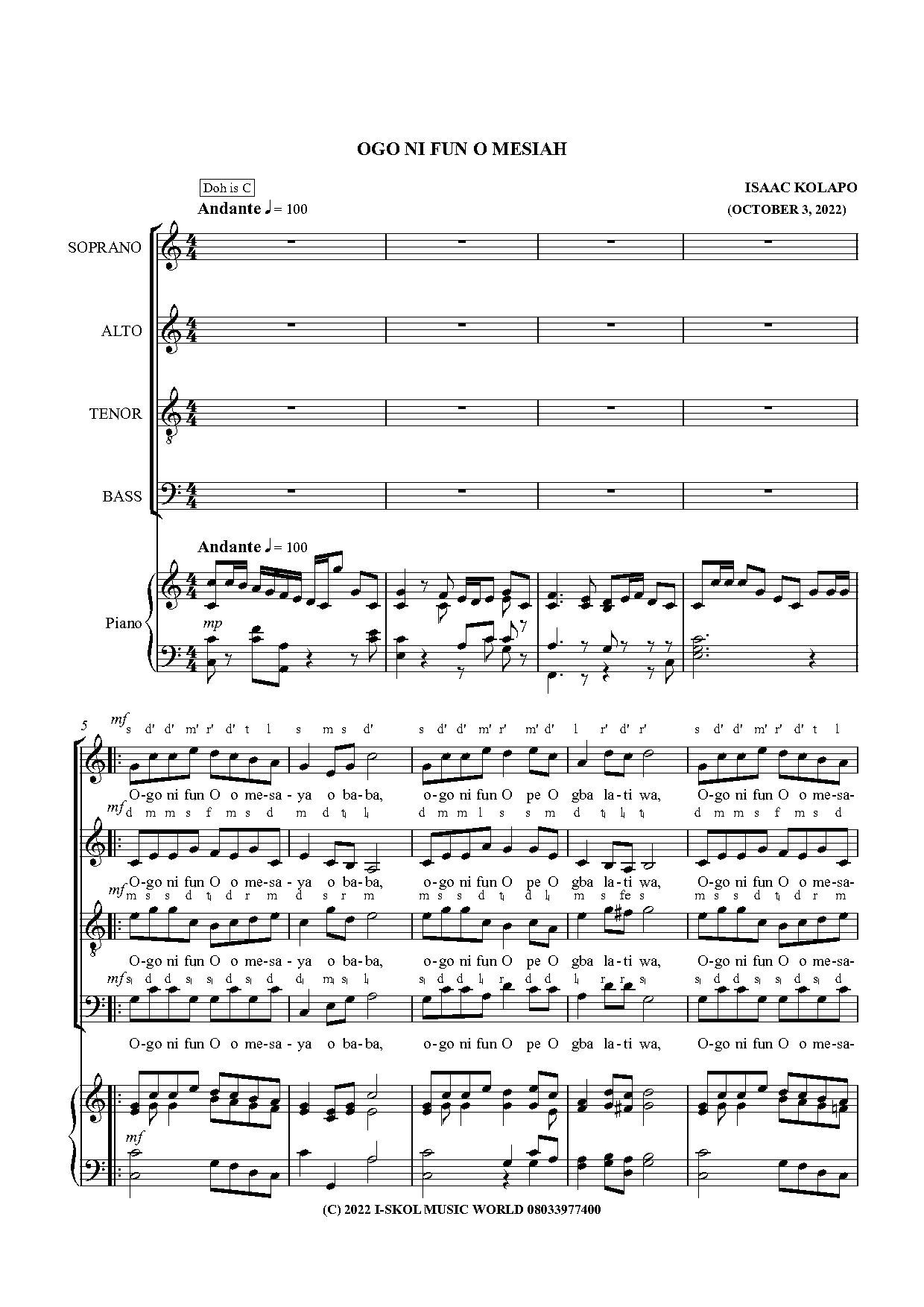 Ogo Ni Fun O Mesiah - Full Score - Download Choir Script PDF