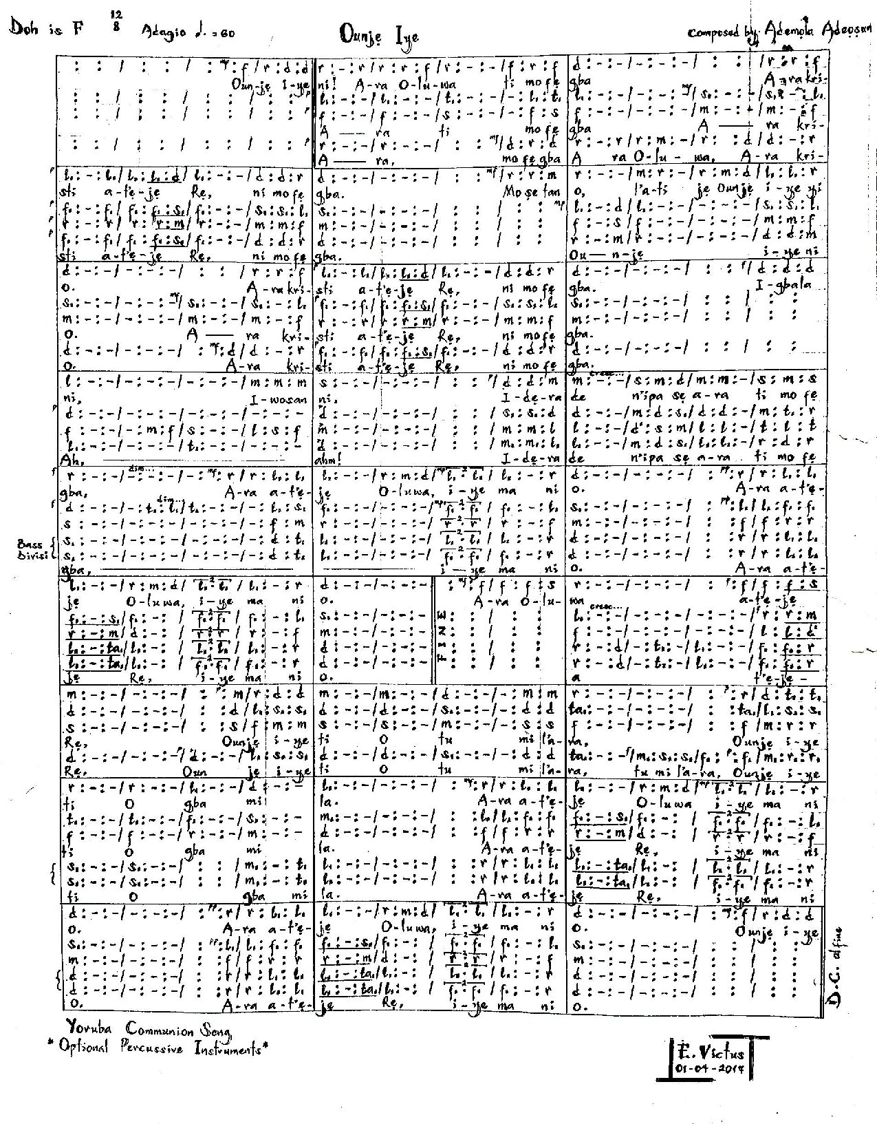 Oúnjẹ ìyè - Jones Ademola Adeosun - Download Choir Script PDF