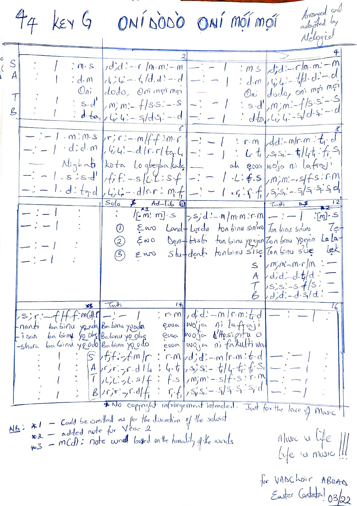 Oni Dodo - Download Choir Script PDF