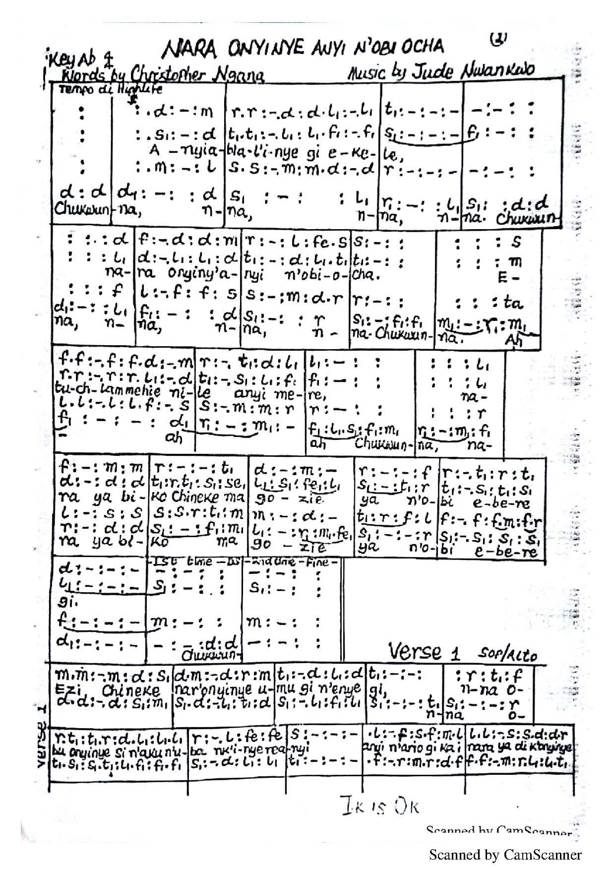 Nara Onyinye Anyi N Obi Ocha - Download Choir Script PDF