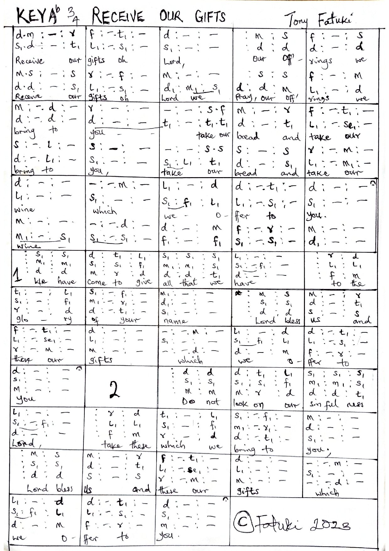 Receive Our Gifts - Tony Fatuki - Download Choir Script PDF