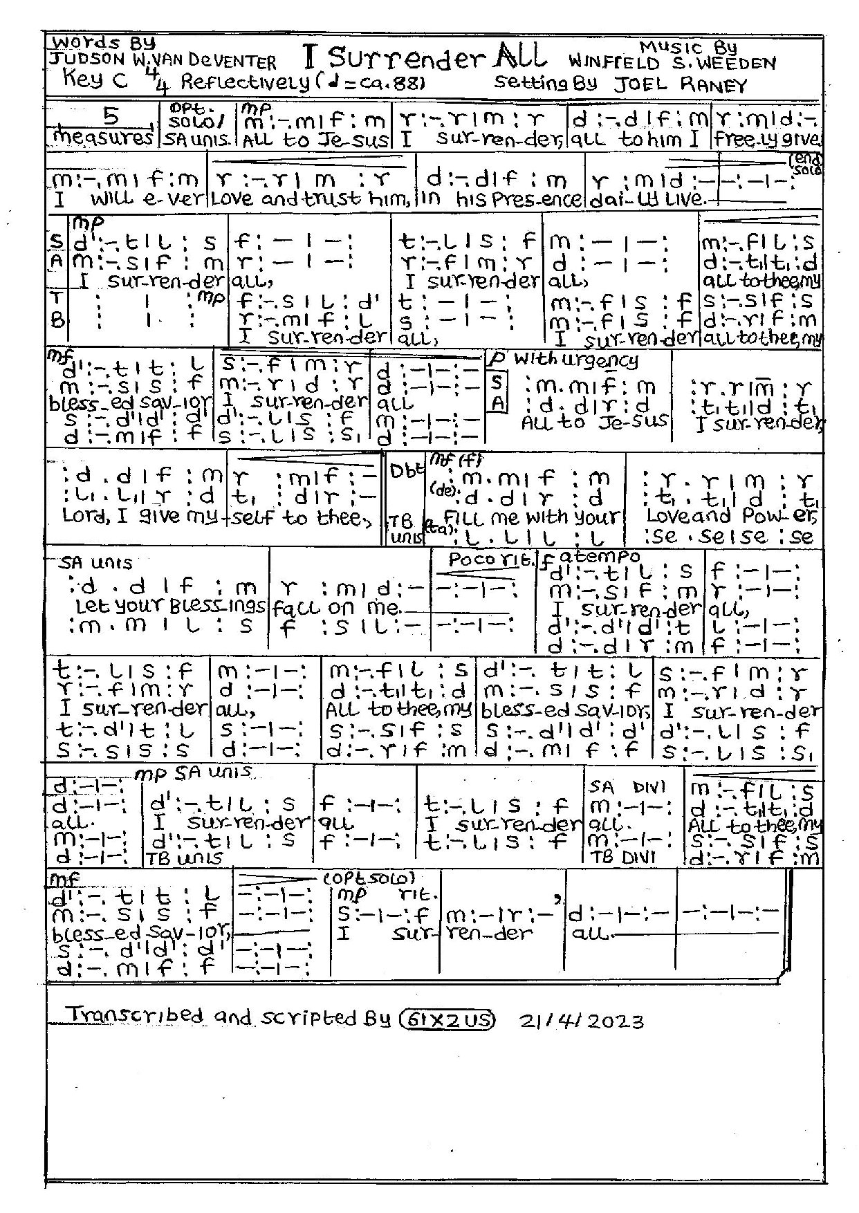 I Surrender All Joel Raney - Download Choir Script PDF