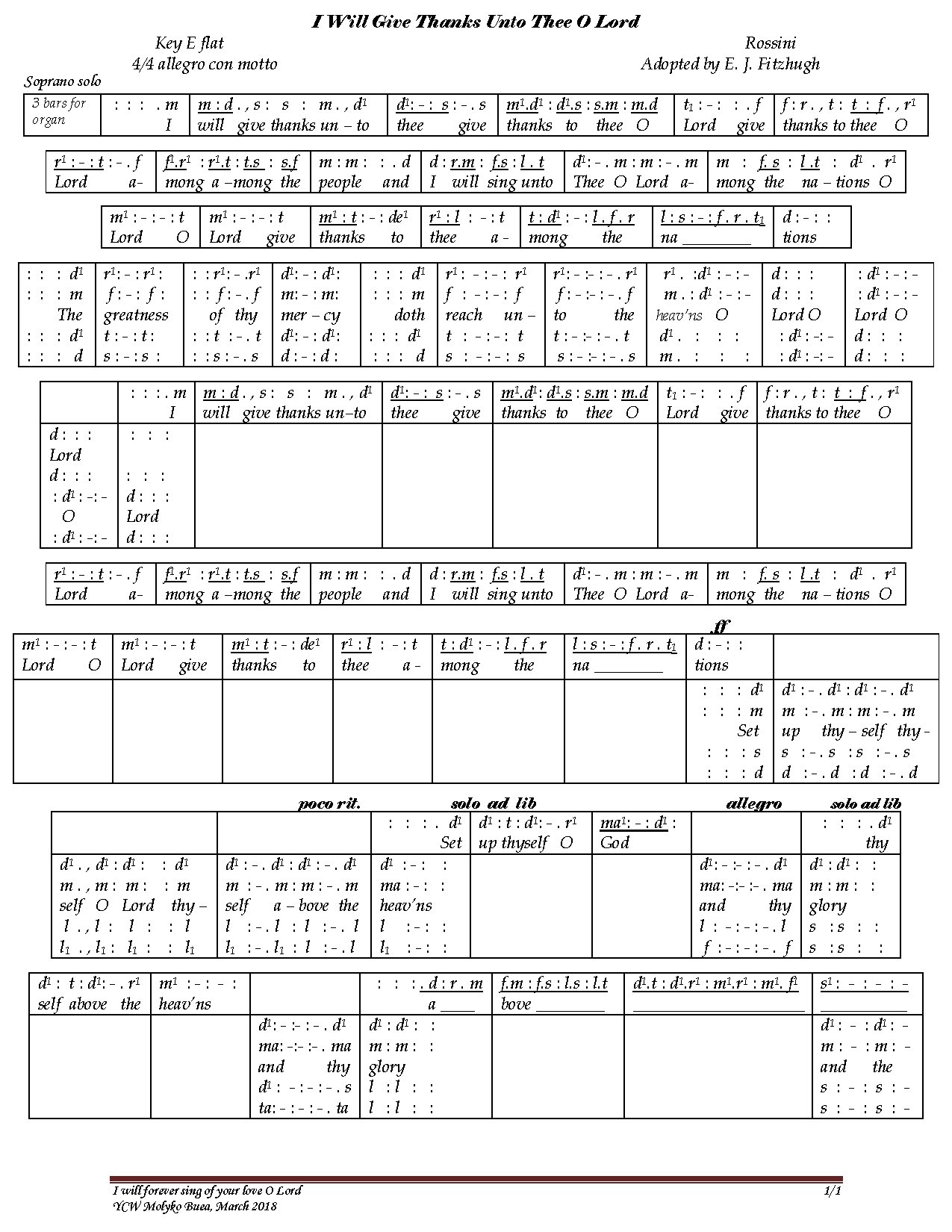 I Will Give Thanks Unto Thee O Lord - Download Choir Script PDF