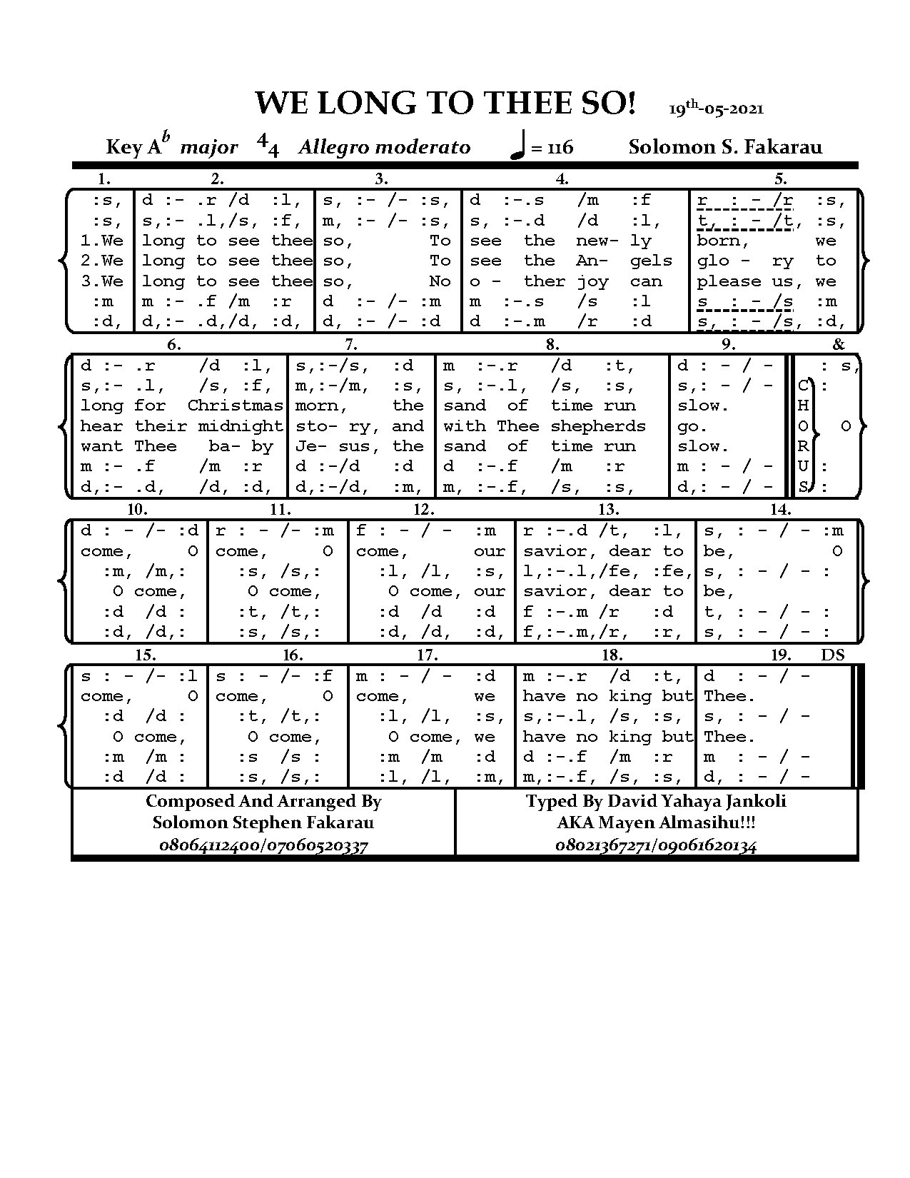 We Long To Thee So. By S S Fakarau - Download Choir Script PDF