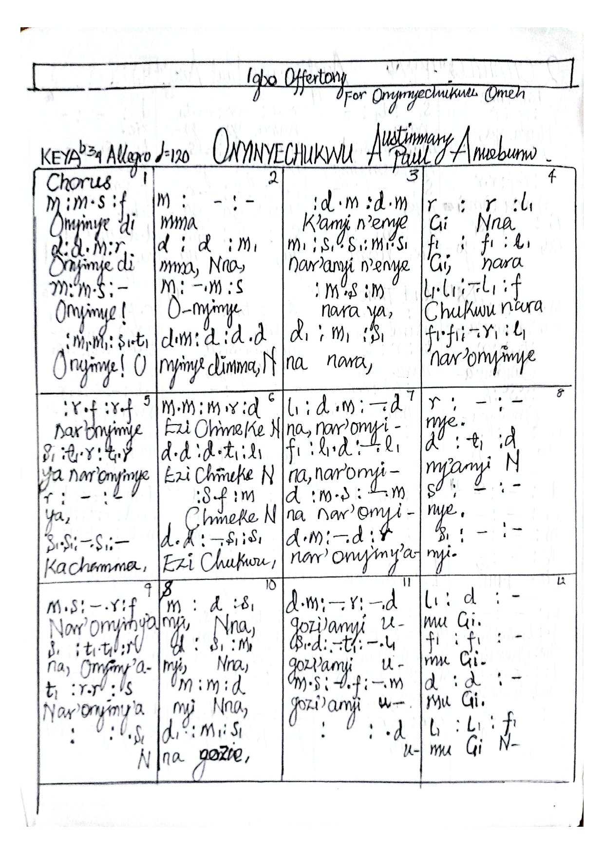 Ònyìnyéchukwu Offertory Piece By Austinmary Paul Anuebunwa - Download Choir Script PDF