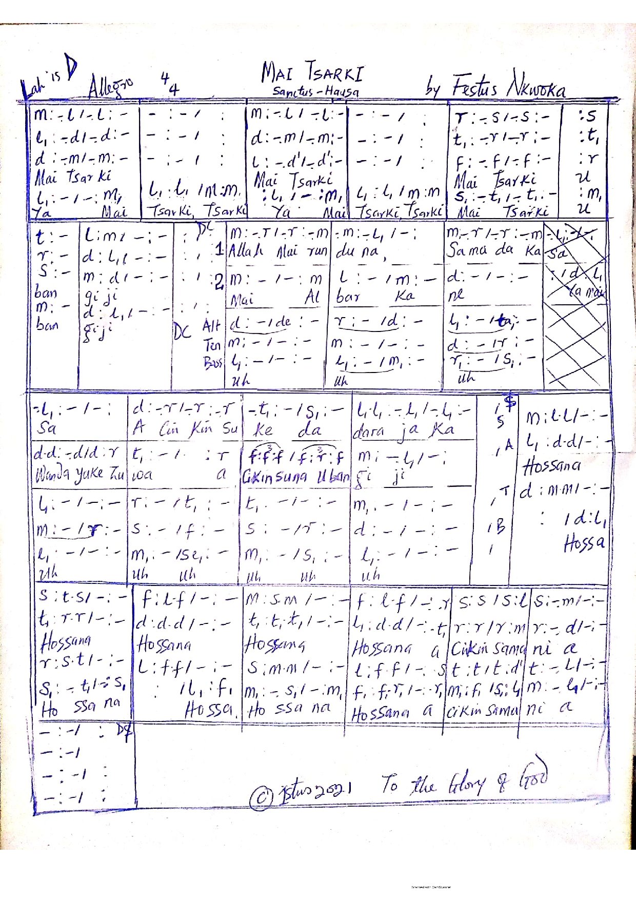 Mai Tsarki (sanctus-hausa) By Festus Nkwoka - Download Choir Script PDF