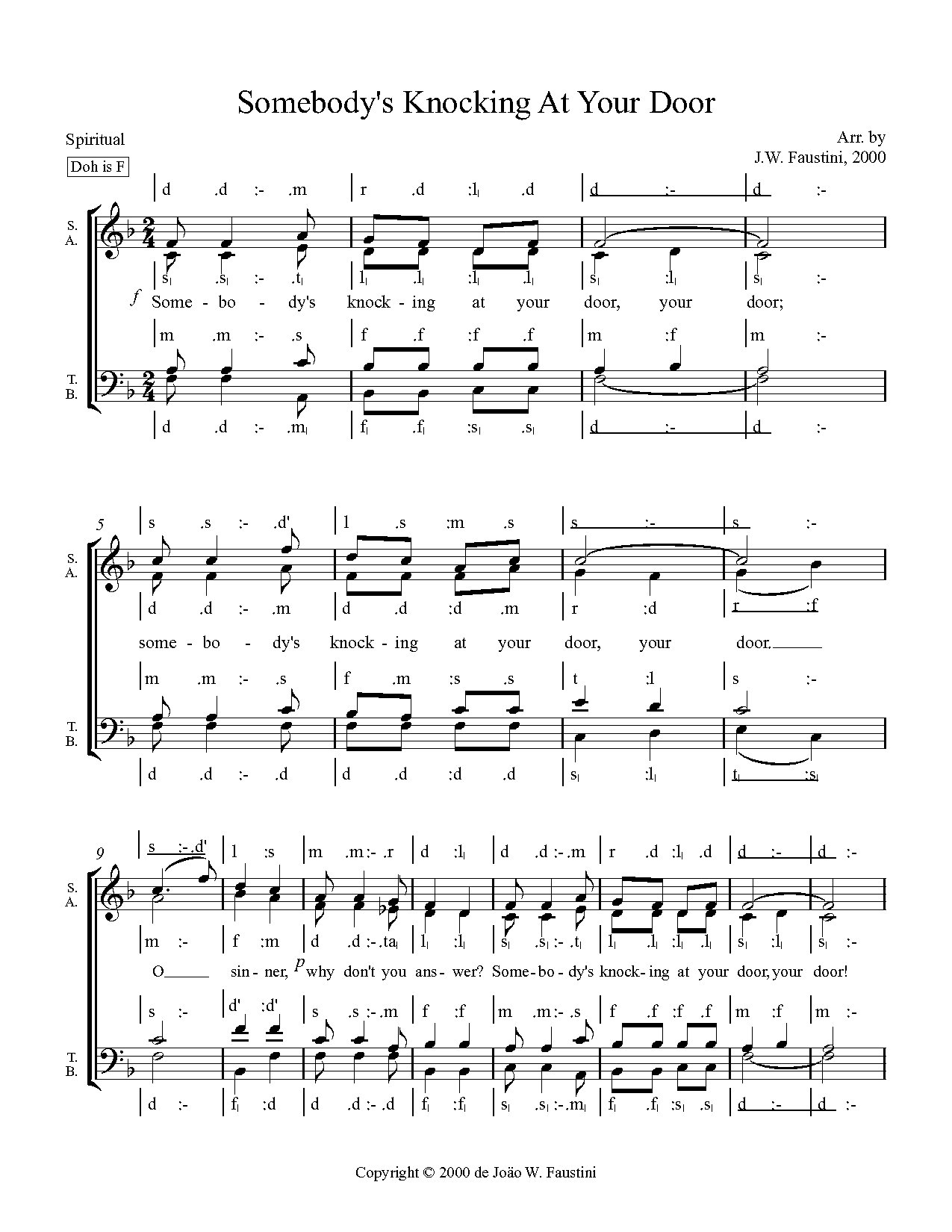 Somebody S Knocking At Your Door - Arr By J W Faustini 2000 - Download Choir Script PDF