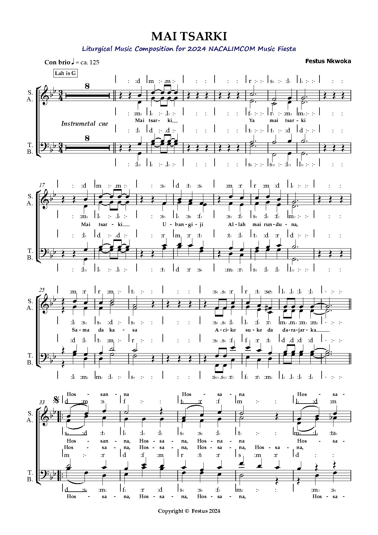 Festus Nkwoka - Mai Tsarki (nacalimcom) - Full Score - Download Choir Script PDF