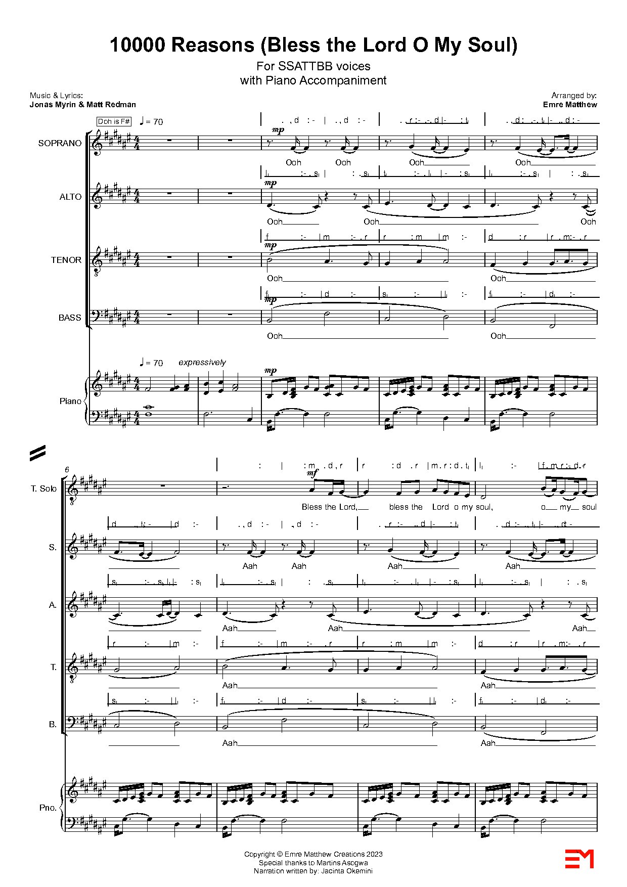 10000 Reasons (bless The Lord O My Soul) - Arr Emre Matthew - Full Score - Download Choir Script PDF
