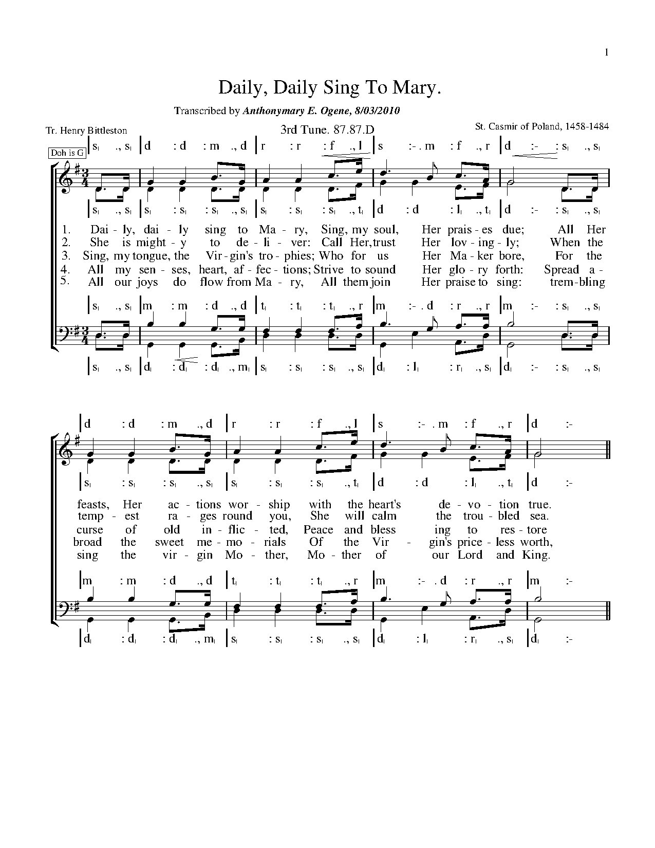 Daily, Daily Sing To Mary 3rd Tune - Download Choir Script PDF