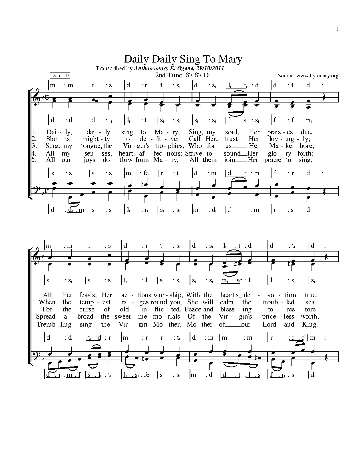 Daily, Daily Sing To Mary 2nd Tune - Download Choir Script PDF
