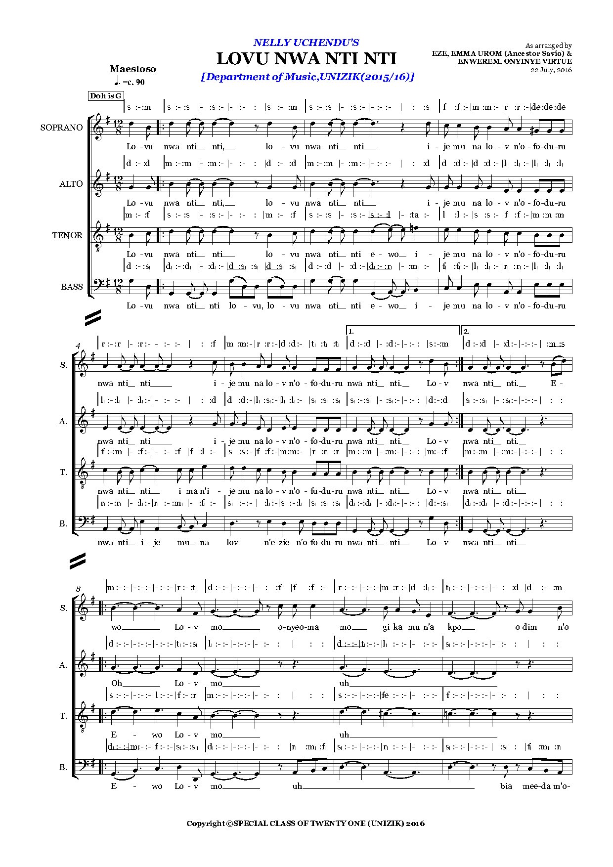 Ancestor Savio - Lov Nwa Nti Nti - Download Choir Script PDF