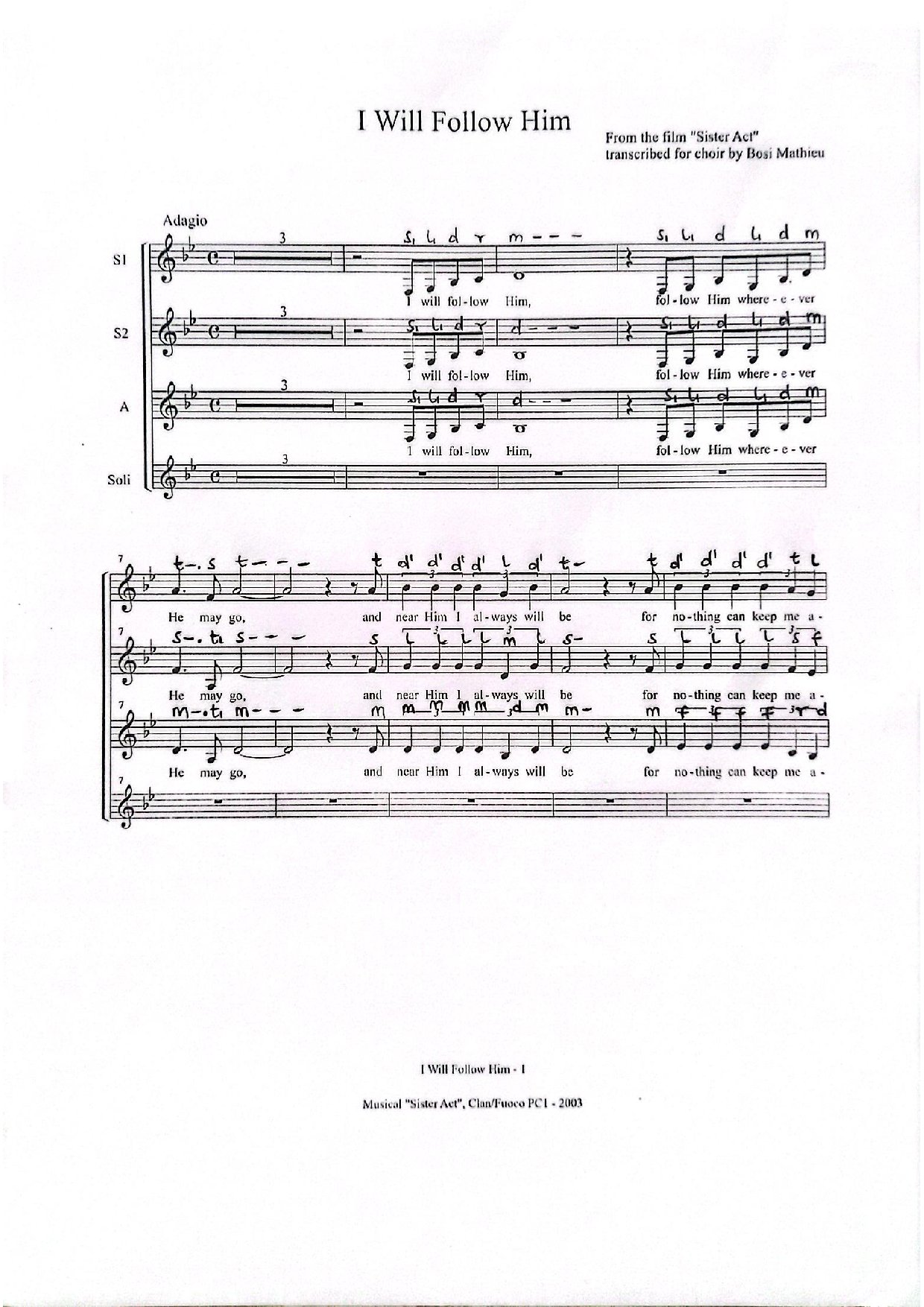 I Will Follow Him - Download Choir Script PDF